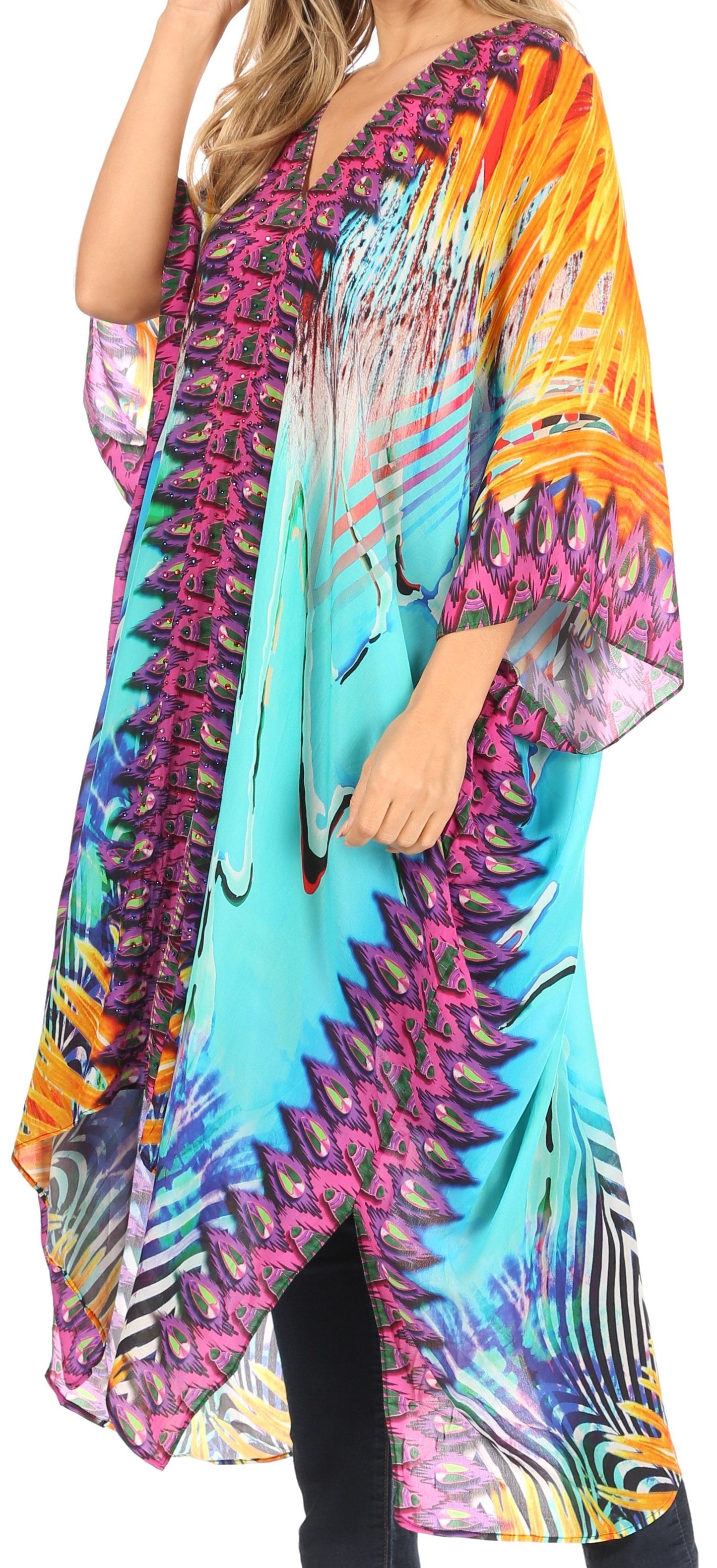 Sakkas Alvita Women's V Neck Beach Dress Top Caftan Cover up with Rhinestones - Concordia Style Boutique