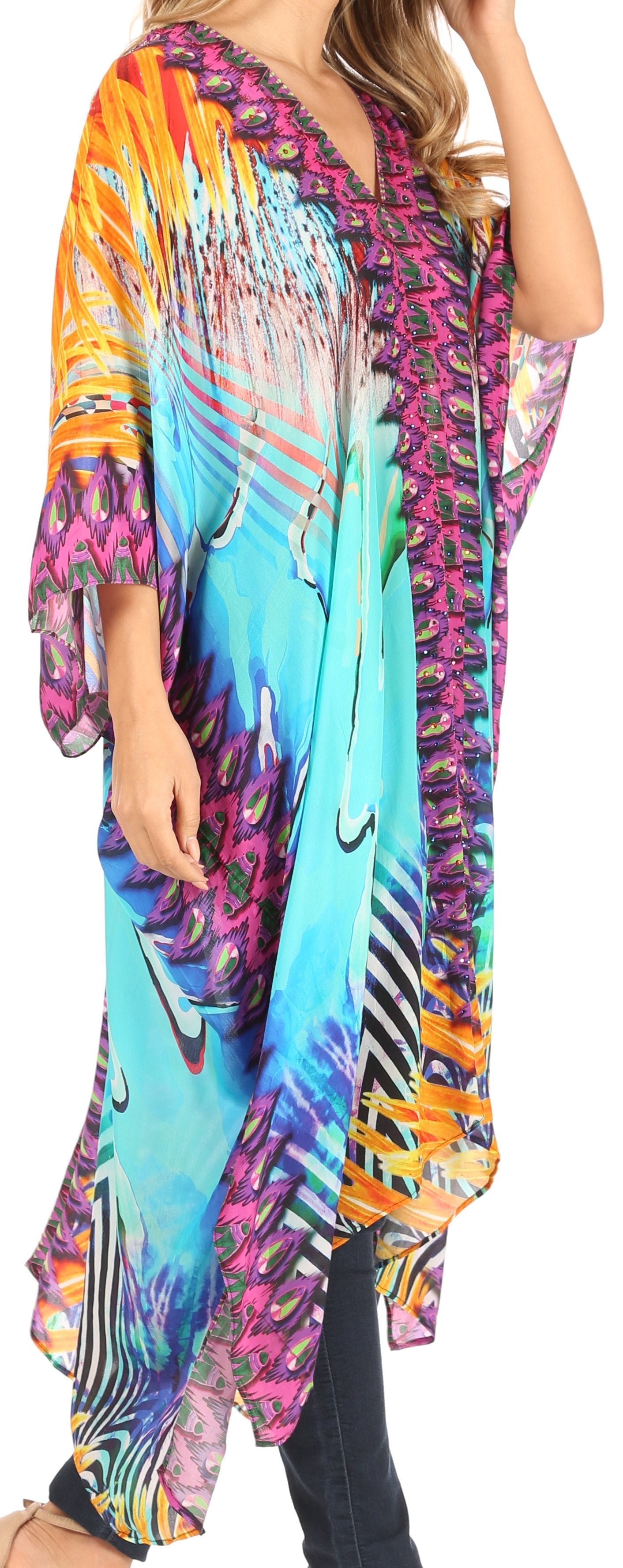 Sakkas Alvita Women's V Neck Beach Dress Top Caftan Cover up with Rhinestones - Concordia Style Boutique