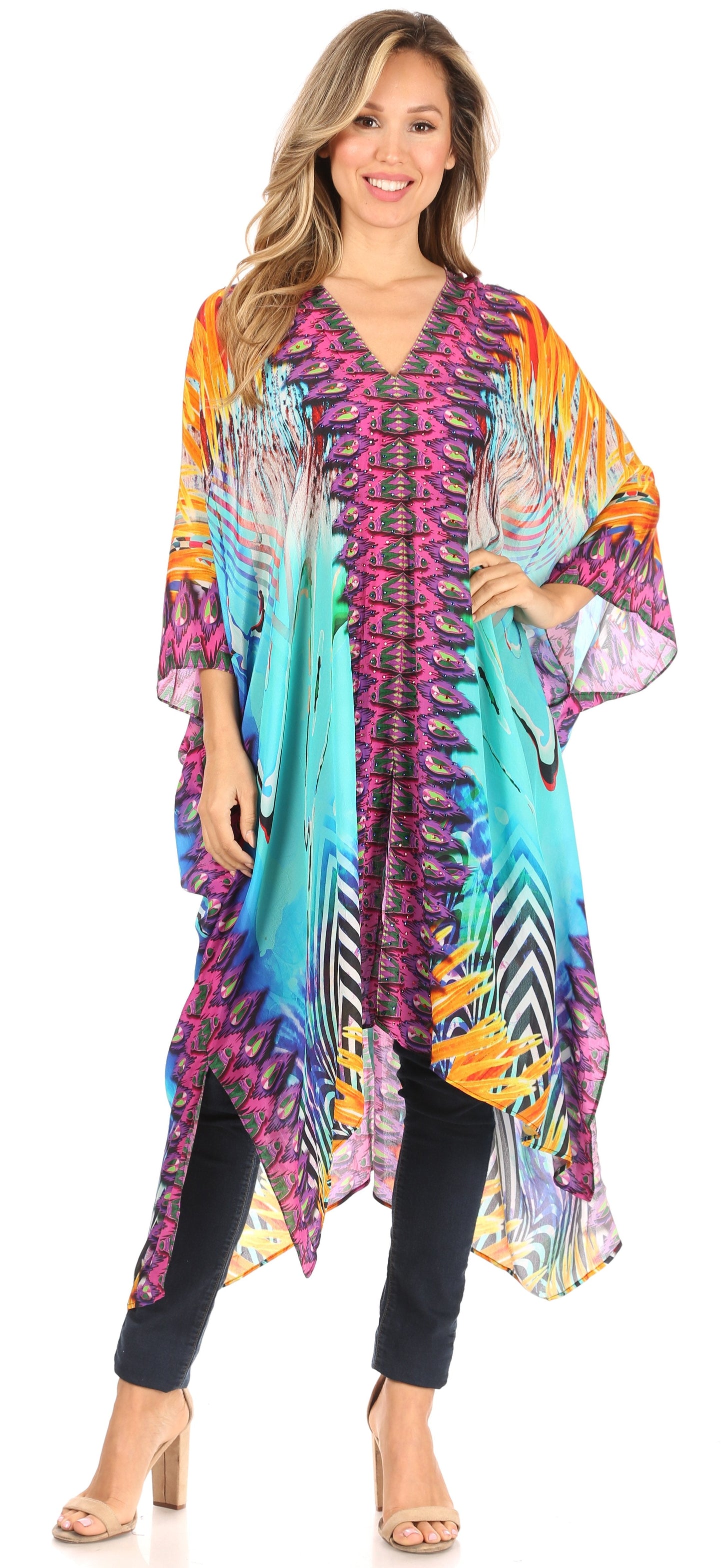 Sakkas Alvita Women's V Neck Beach Dress Top Caftan Cover up with Rhinestones - Concordia Style Boutique