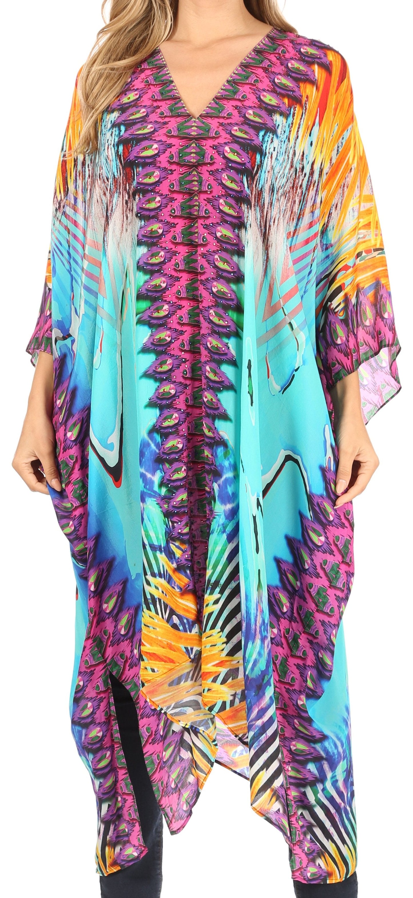 Sakkas Alvita Women's V Neck Beach Dress Top Caftan Cover up with Rhinestones - Concordia Style Boutique