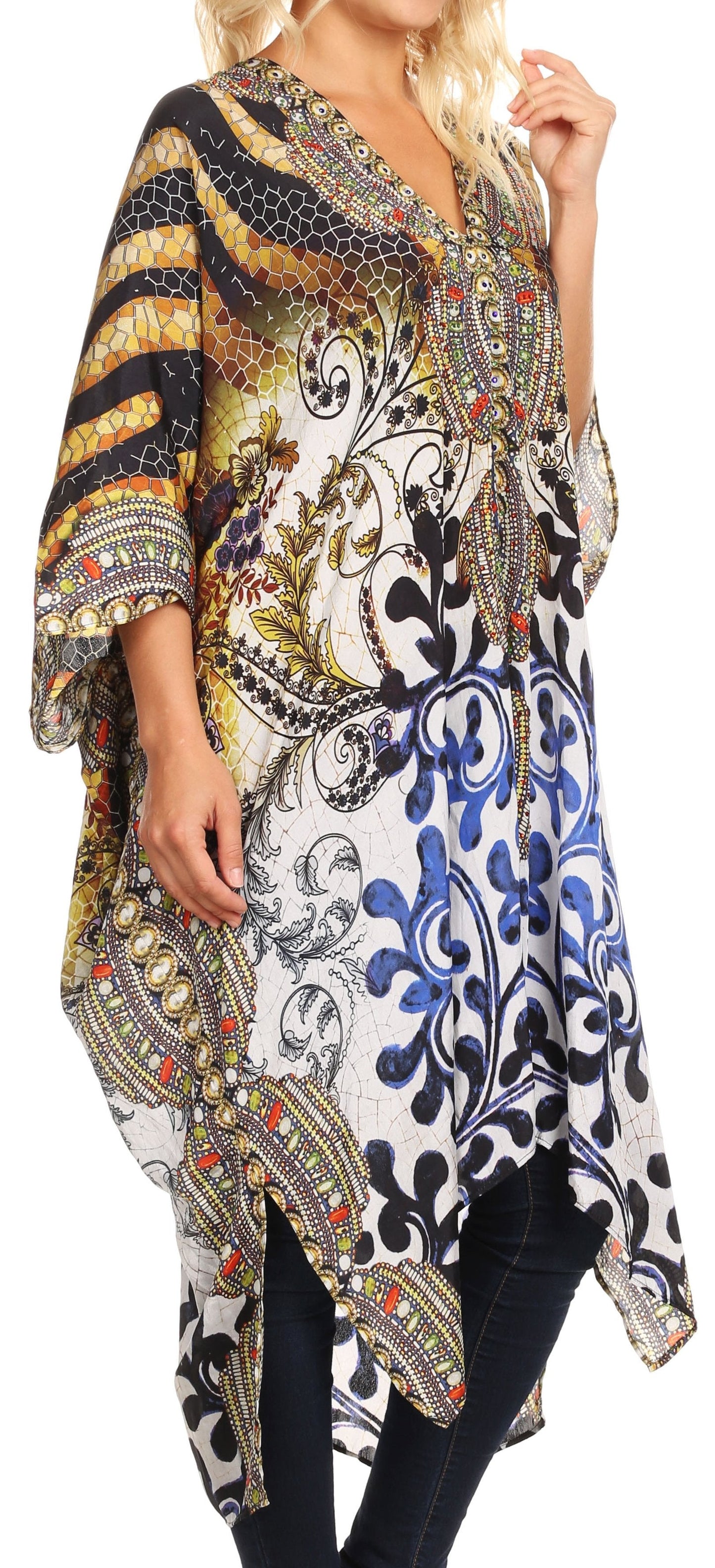 Sakkas Alvita Women's V Neck Beach Dress Top Caftan Cover up with Rhinestones - Concordia Style Boutique