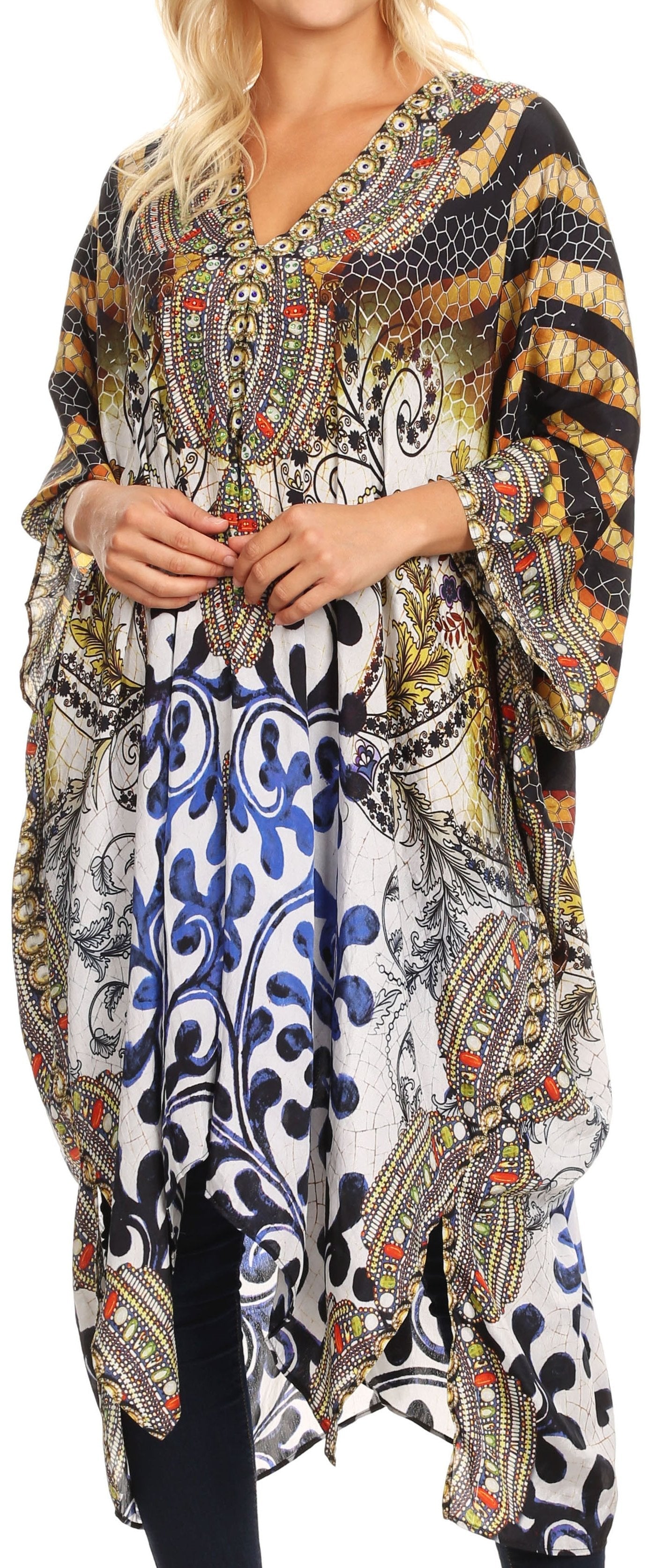 Sakkas Alvita Women's V Neck Beach Dress Top Caftan Cover up with Rhinestones - Concordia Style Boutique