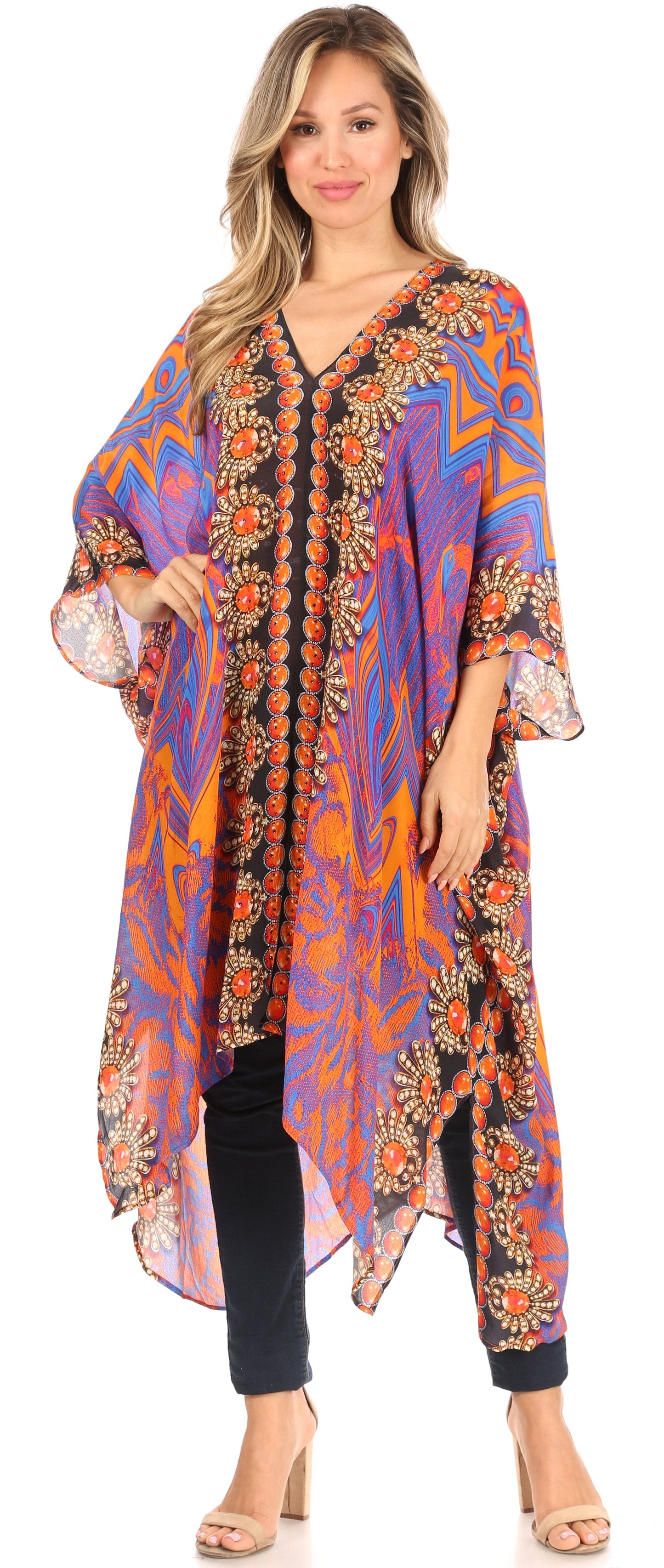 Sakkas Alvita Women's V Neck Beach Dress Top Caftan Cover up with Rhinestones - Concordia Style Boutique