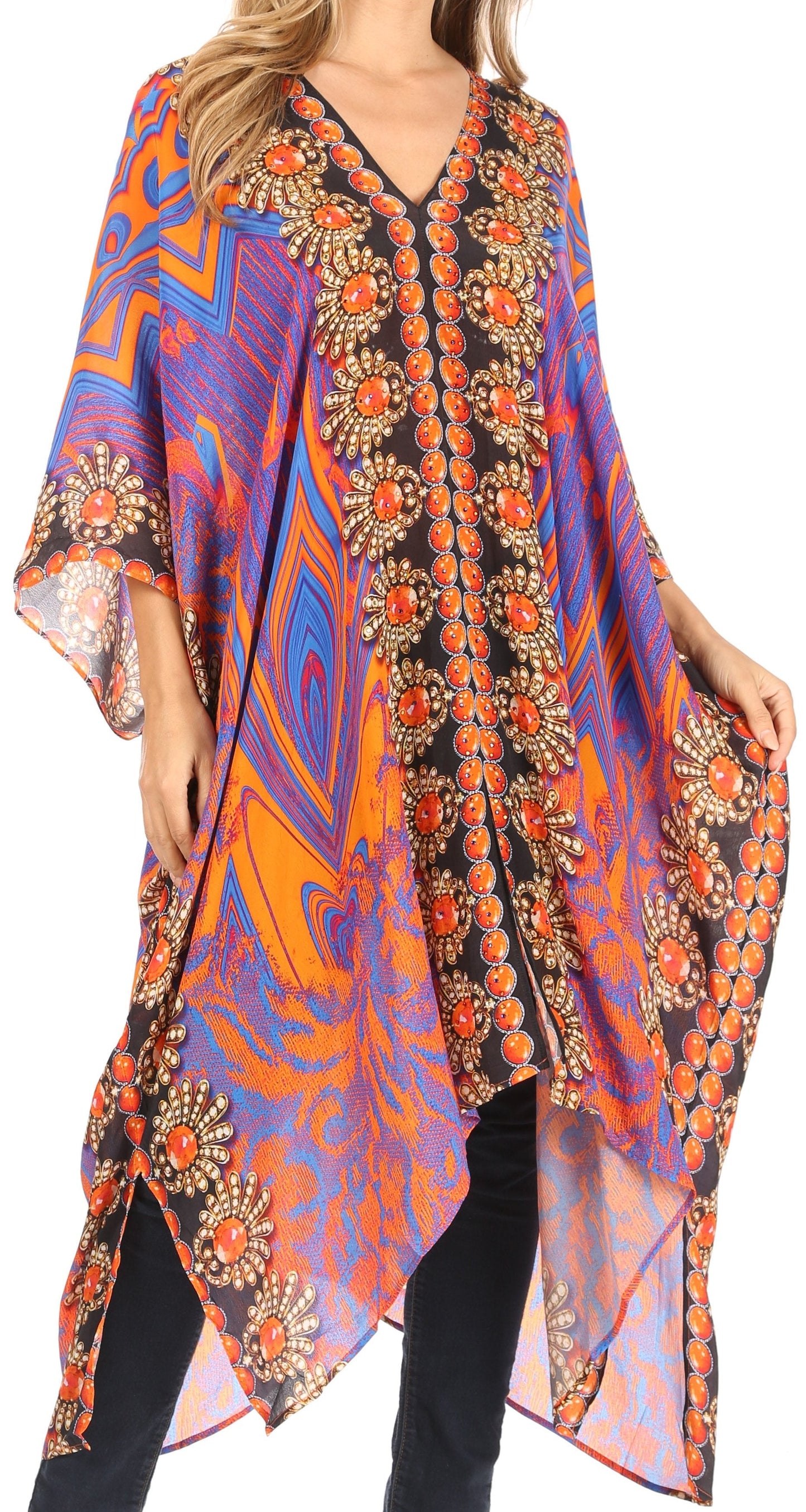 Sakkas Alvita Women's V Neck Beach Dress Top Caftan Cover up with Rhinestones - Concordia Style Boutique