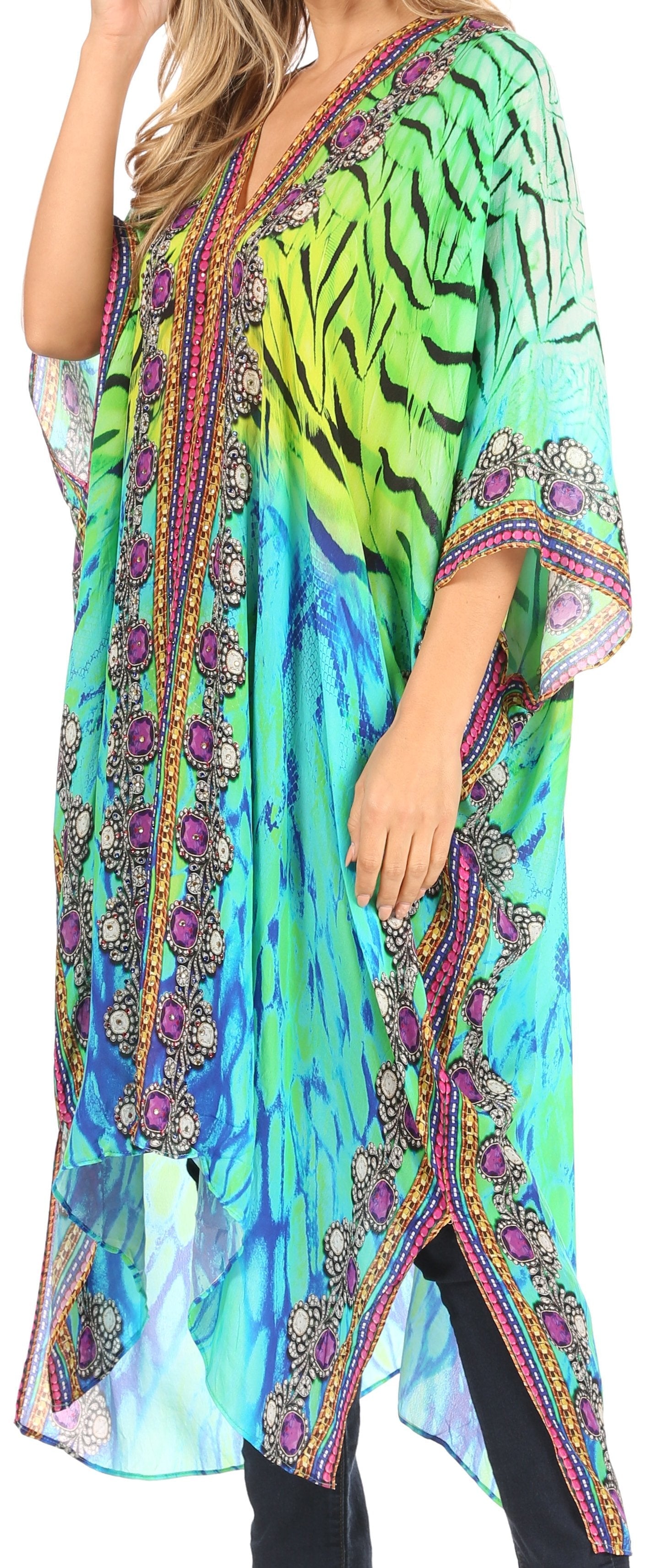 Sakkas Alvita Women's V Neck Beach Dress Top Caftan Cover up with Rhinestones - Concordia Style Boutique