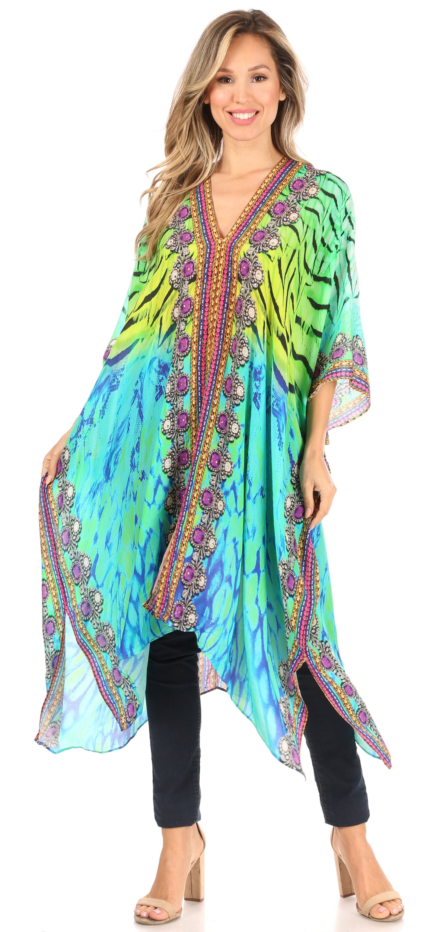 Sakkas Alvita Women's V Neck Beach Dress Top Caftan Cover up with Rhinestones - Concordia Style Boutique