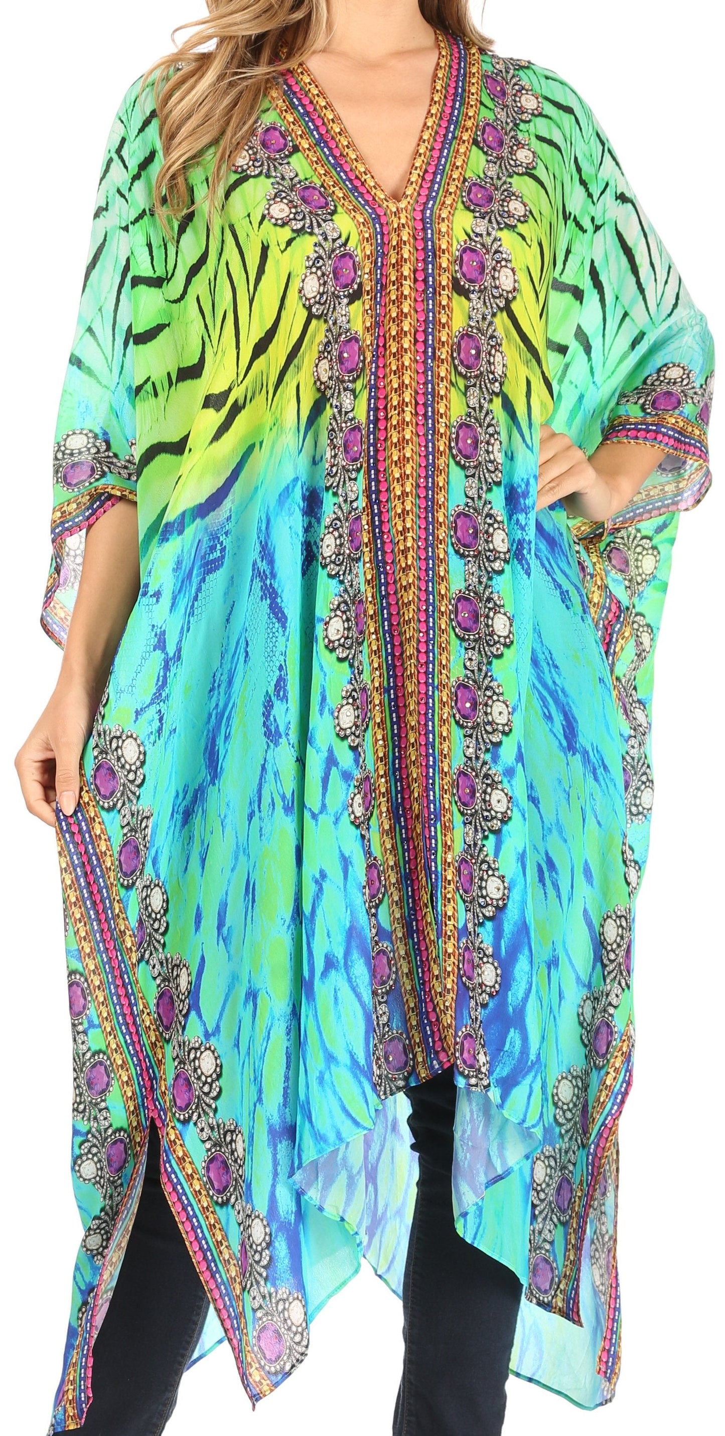 Sakkas Alvita Women's V Neck Beach Dress Top Caftan Cover up with Rhinestones - Concordia Style Boutique