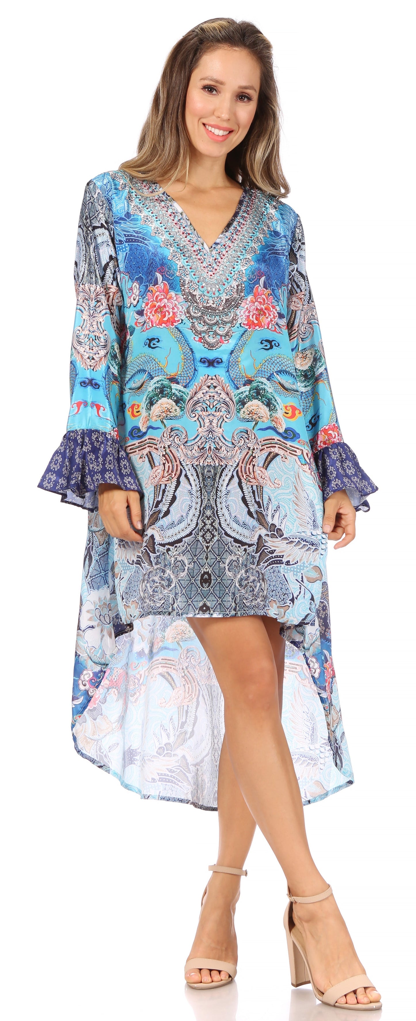 Sakkas Rema Women's Boho Shift Tunic High Low V-neck Long Sleeve Dress with Print - Concordia Style Boutique