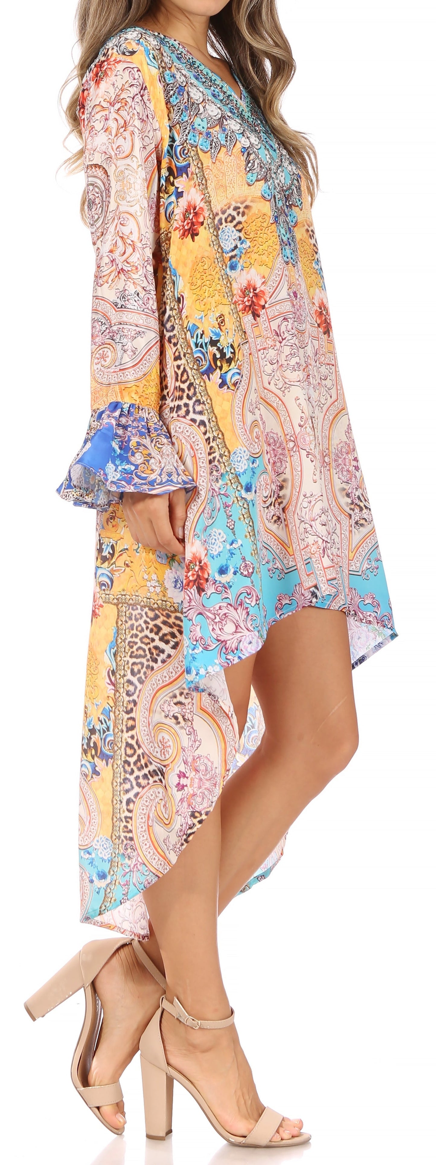 Sakkas Rema Women's Boho Shift Tunic High Low V-neck Long Sleeve Dress with Print - Concordia Style Boutique
