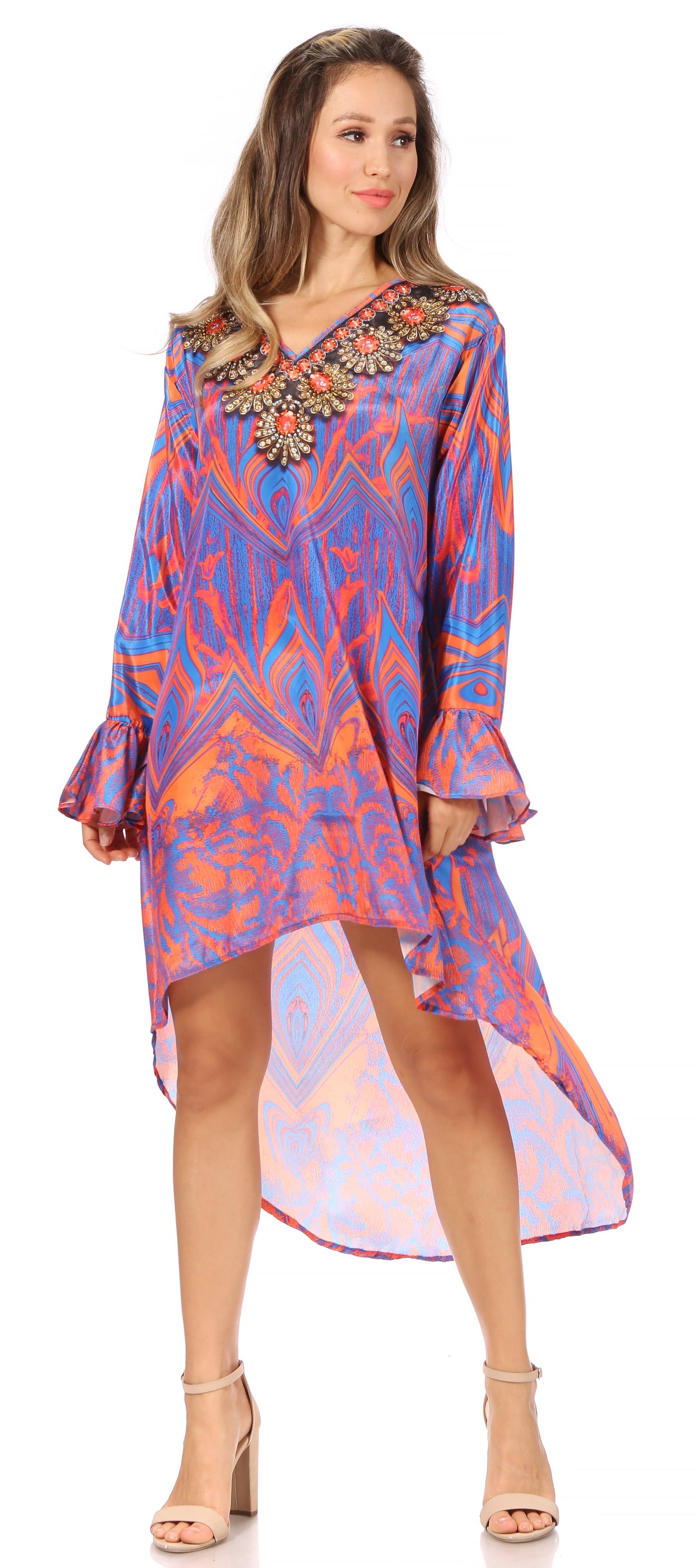 Sakkas Rema Women's Boho Shift Tunic High Low V-neck Long Sleeve Dress with Print - Concordia Style Boutique