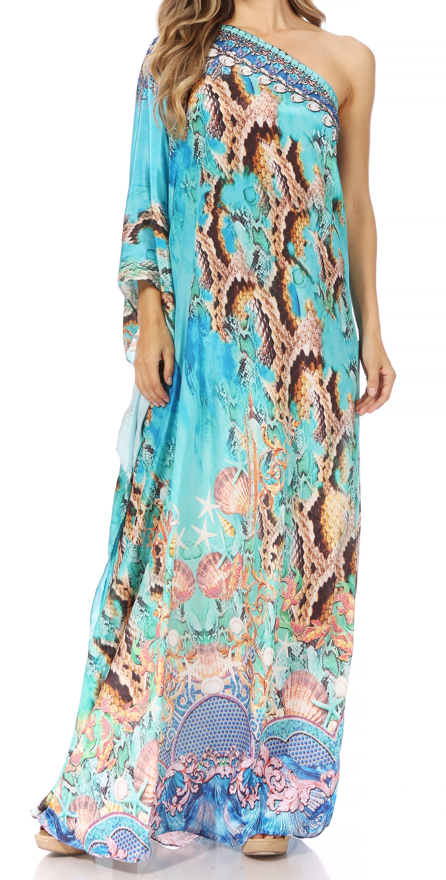 Sakkas Dora Women's One Shoulder Short Sleeve Casual Elegant Maxi Dress with Print - Concordia Style Boutique