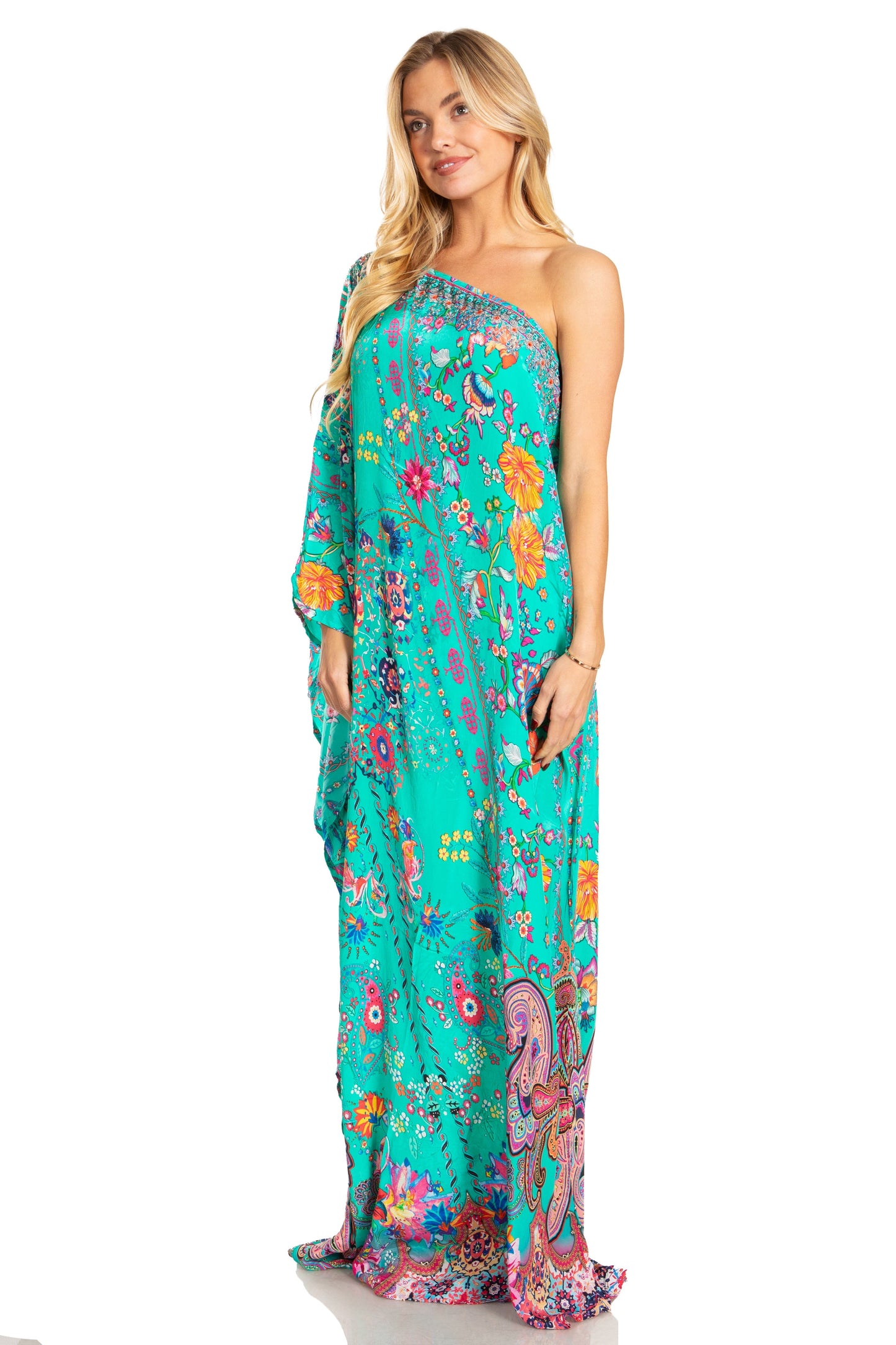 Sakkas Dora Women's One Shoulder Short Sleeve Casual Elegant Maxi Dress with Print - Concordia Style Boutique