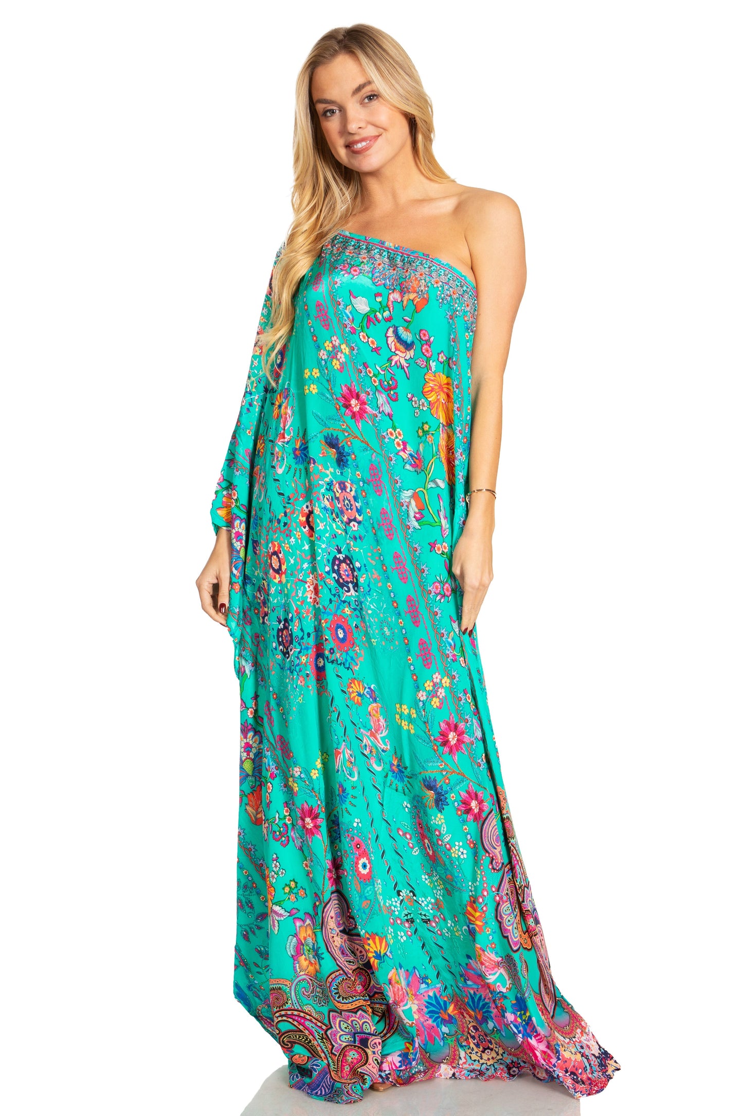 Sakkas Dora Women's One Shoulder Short Sleeve Casual Elegant Maxi Dress with Print - Concordia Style Boutique
