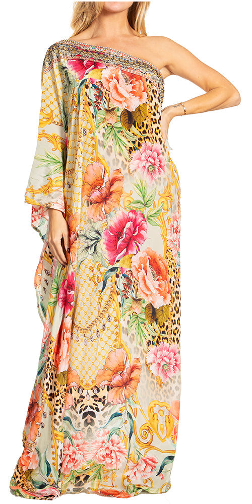 Sakkas Dora Women's One Shoulder Short Sleeve Casual Elegant Maxi Dress with Print - Concordia Style Boutique