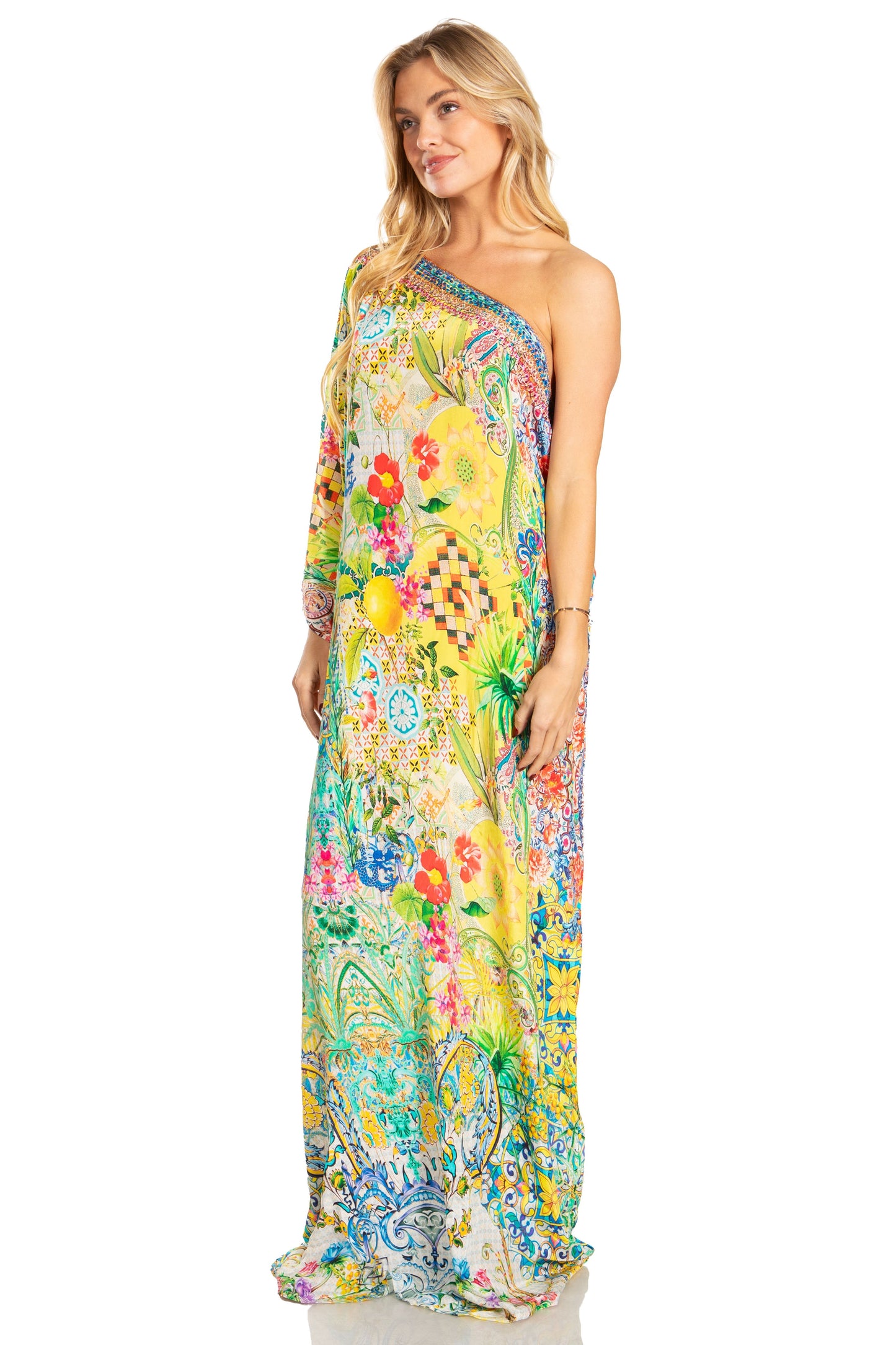 Sakkas Dora Women's One Shoulder Short Sleeve Casual Elegant Maxi Dress with Print - Concordia Style Boutique