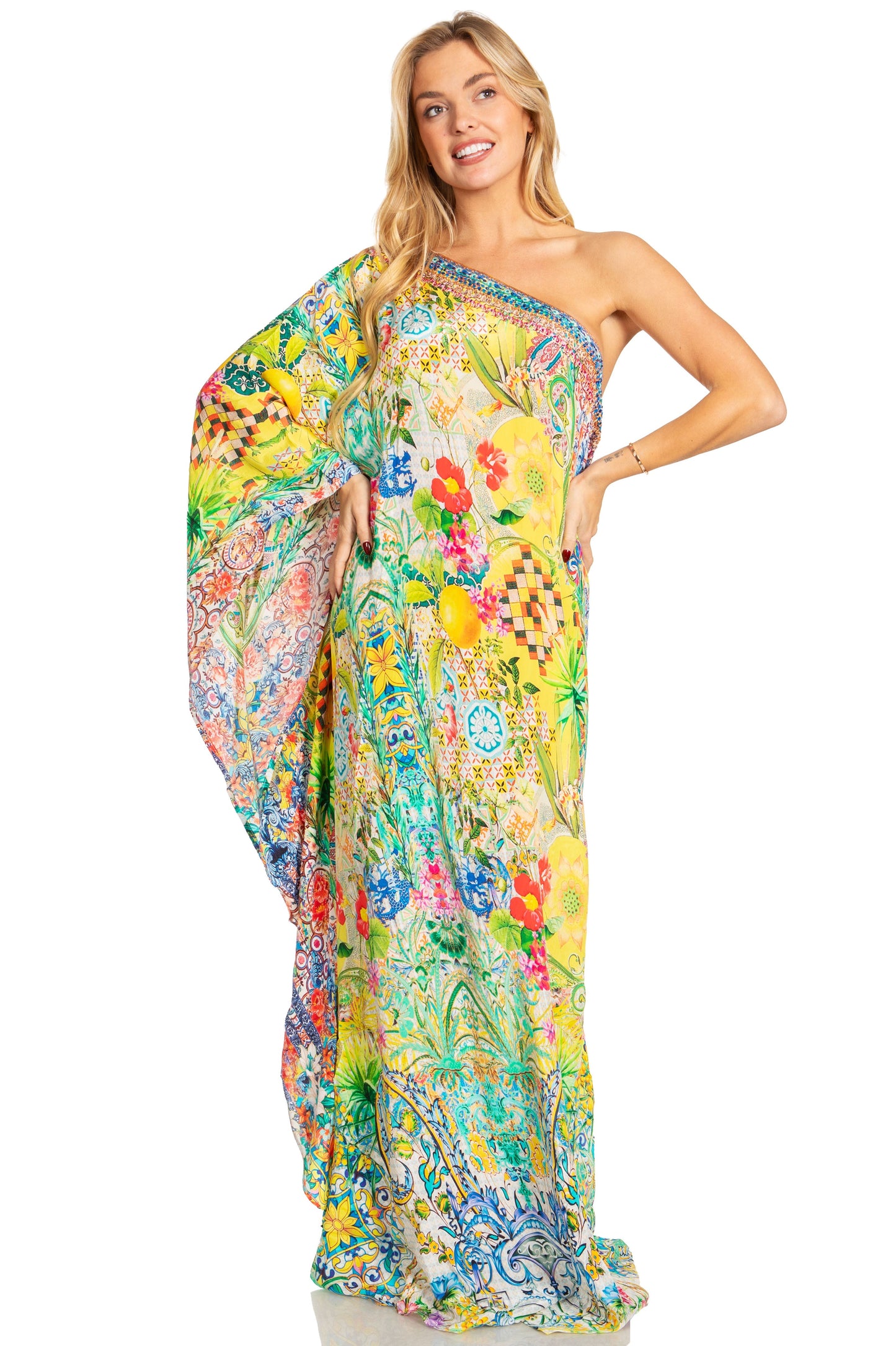 Sakkas Dora Women's One Shoulder Short Sleeve Casual Elegant Maxi Dress with Print - Concordia Style Boutique