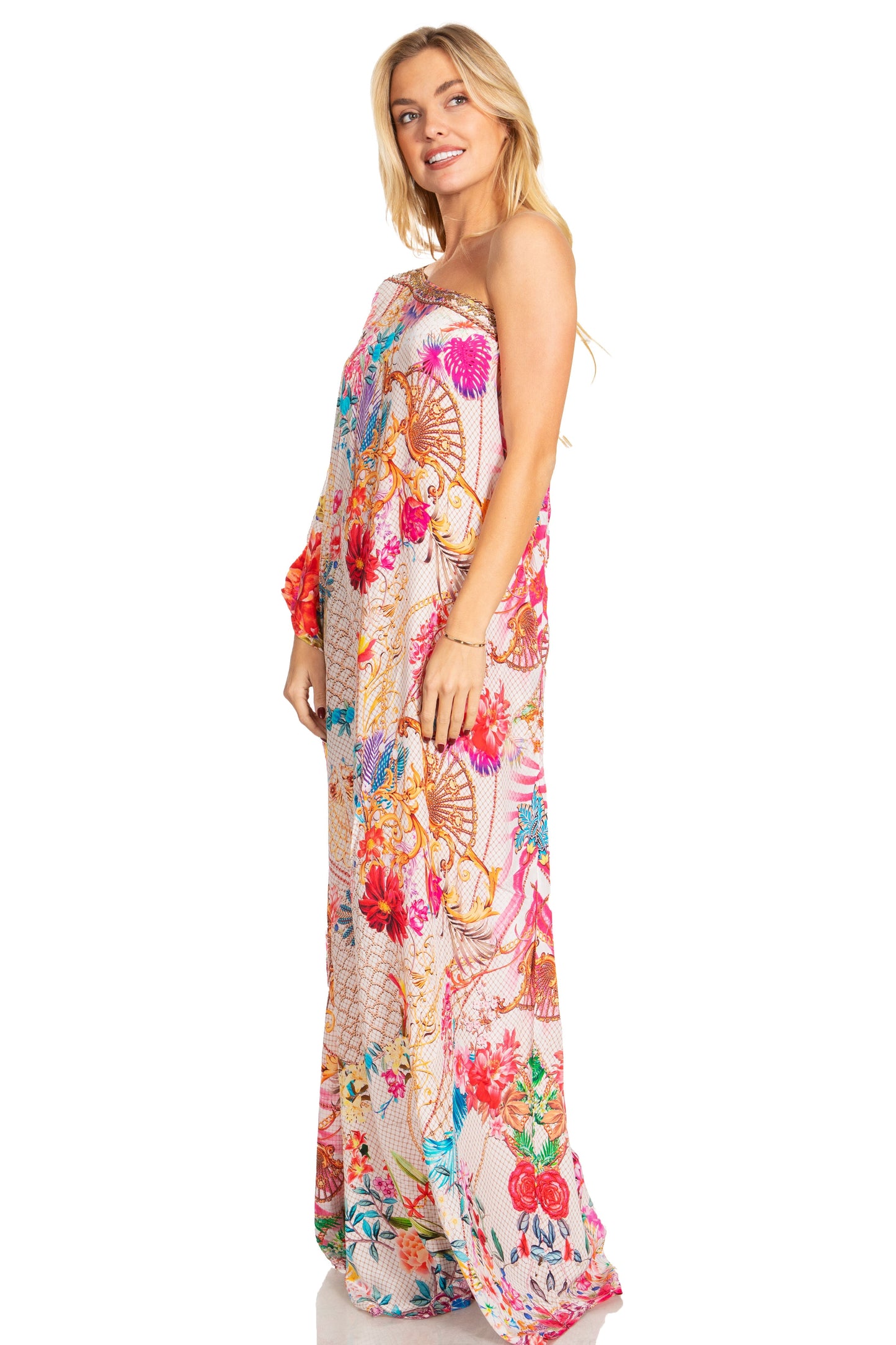 Sakkas Dora Women's One Shoulder Short Sleeve Casual Elegant Maxi Dress with Print - Concordia Style Boutique