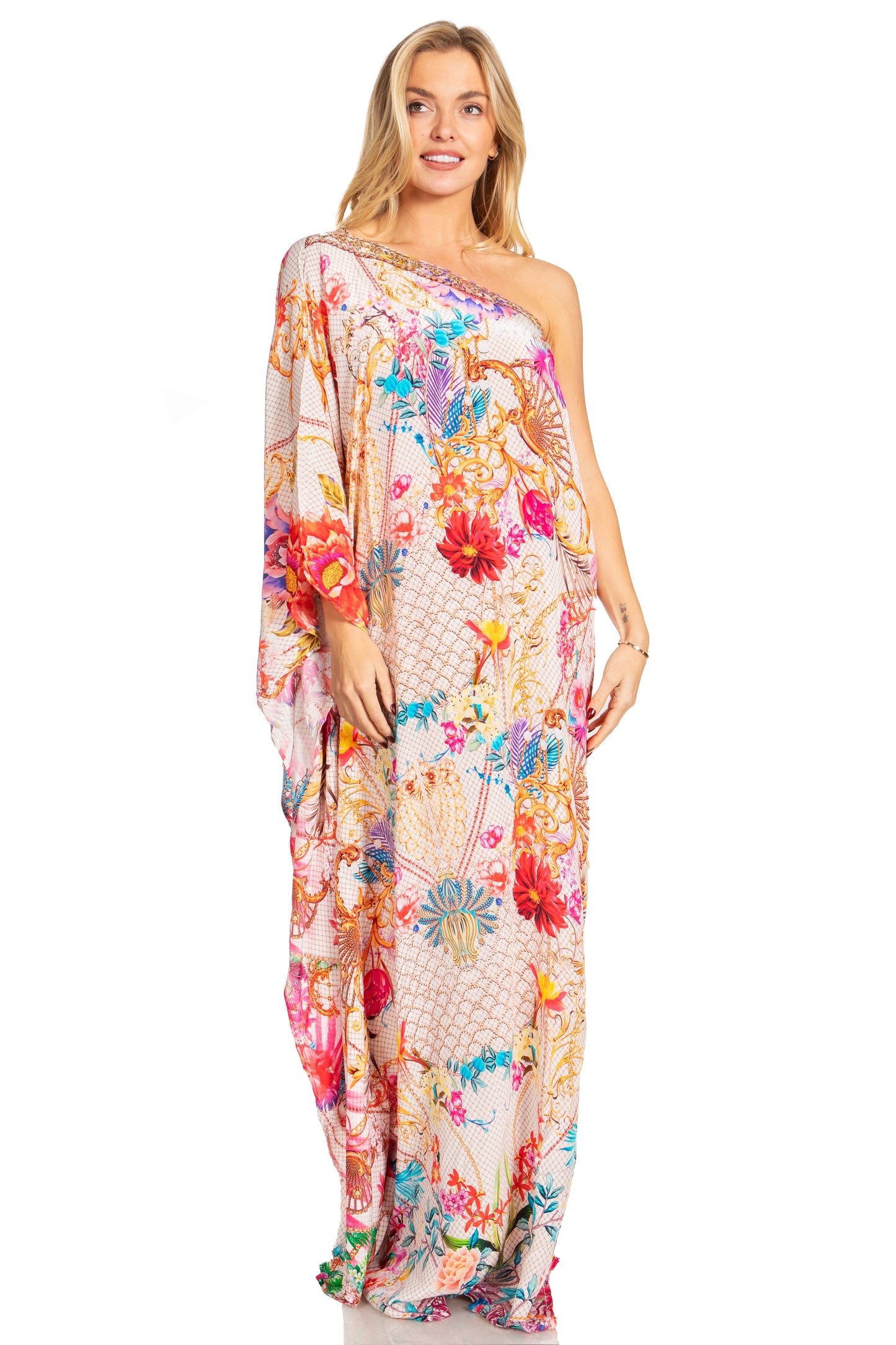 Sakkas Dora Women's One Shoulder Short Sleeve Casual Elegant Maxi Dress with Print - Concordia Style Boutique