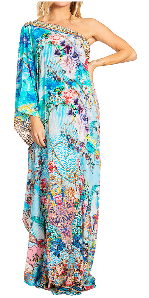 Sakkas Dora Women's One Shoulder Short Sleeve Casual Elegant Maxi Dress with Print - Concordia Style Boutique