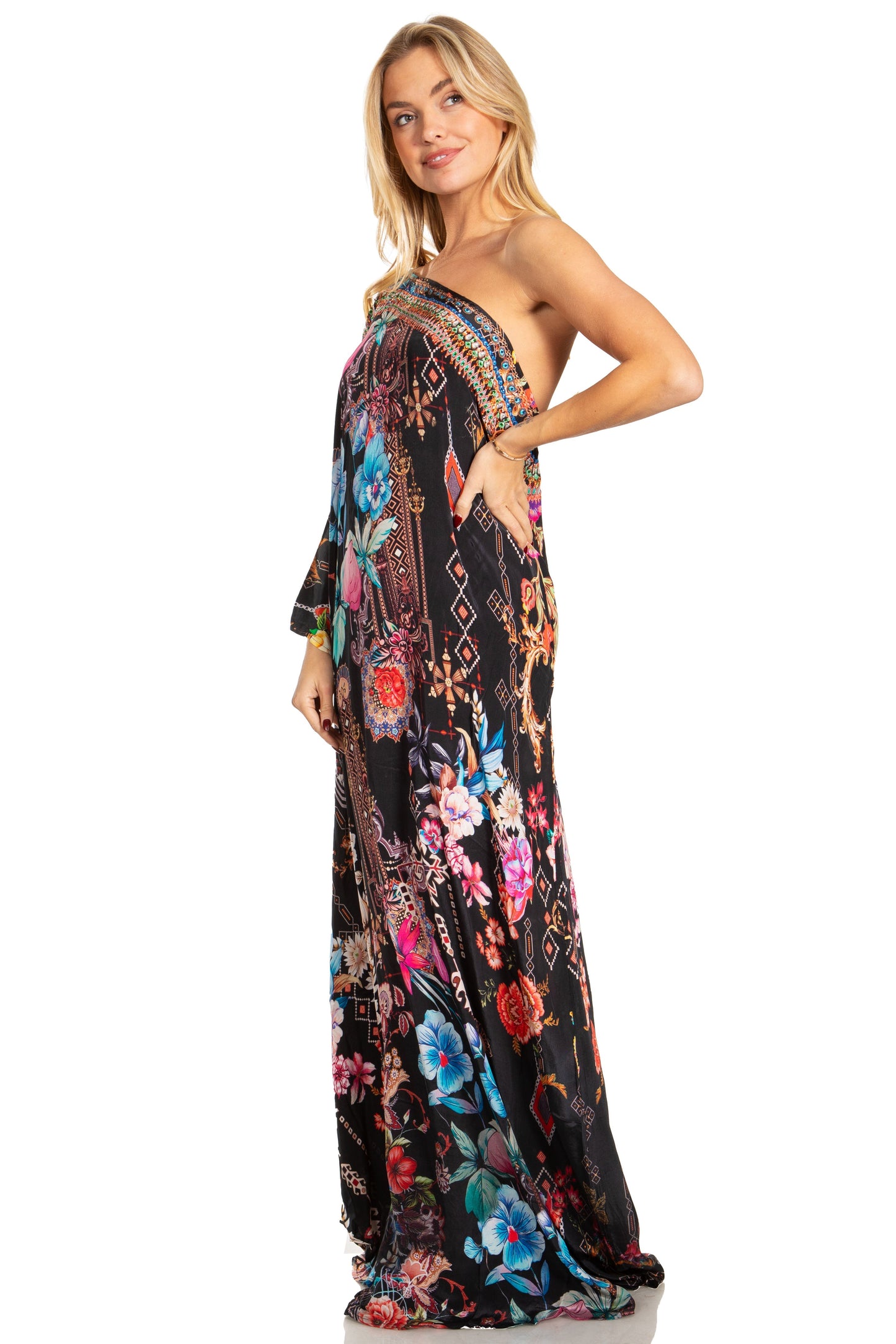 Sakkas Dora Women's One Shoulder Short Sleeve Casual Elegant Maxi Dress with Print - Concordia Style Boutique