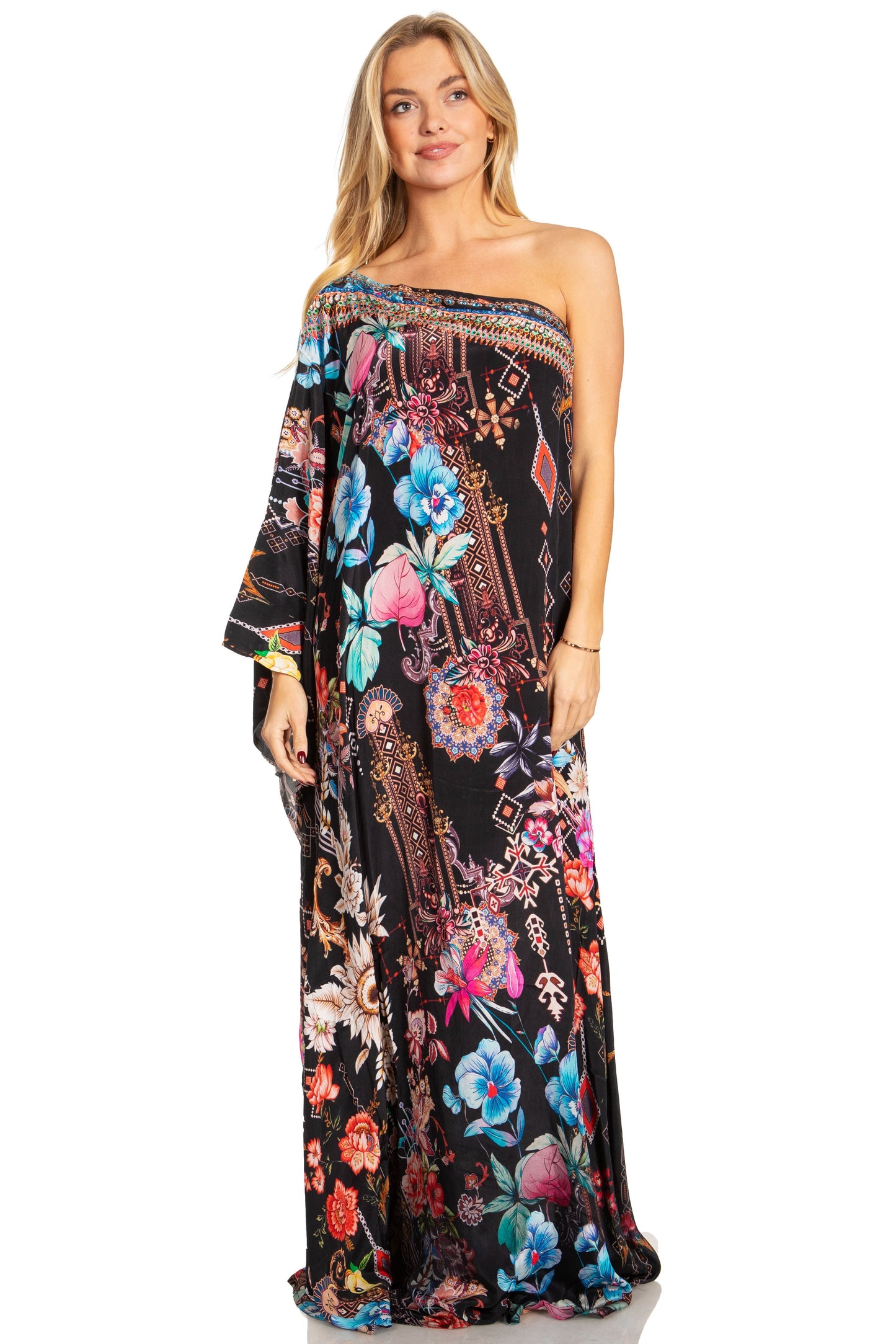 Sakkas Dora Women's One Shoulder Short Sleeve Casual Elegant Maxi Dress with Print - Concordia Style Boutique