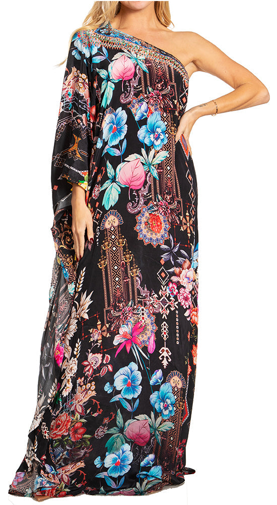 Sakkas Dora Women's One Shoulder Short Sleeve Casual Elegant Maxi Dress with Print - Concordia Style Boutique