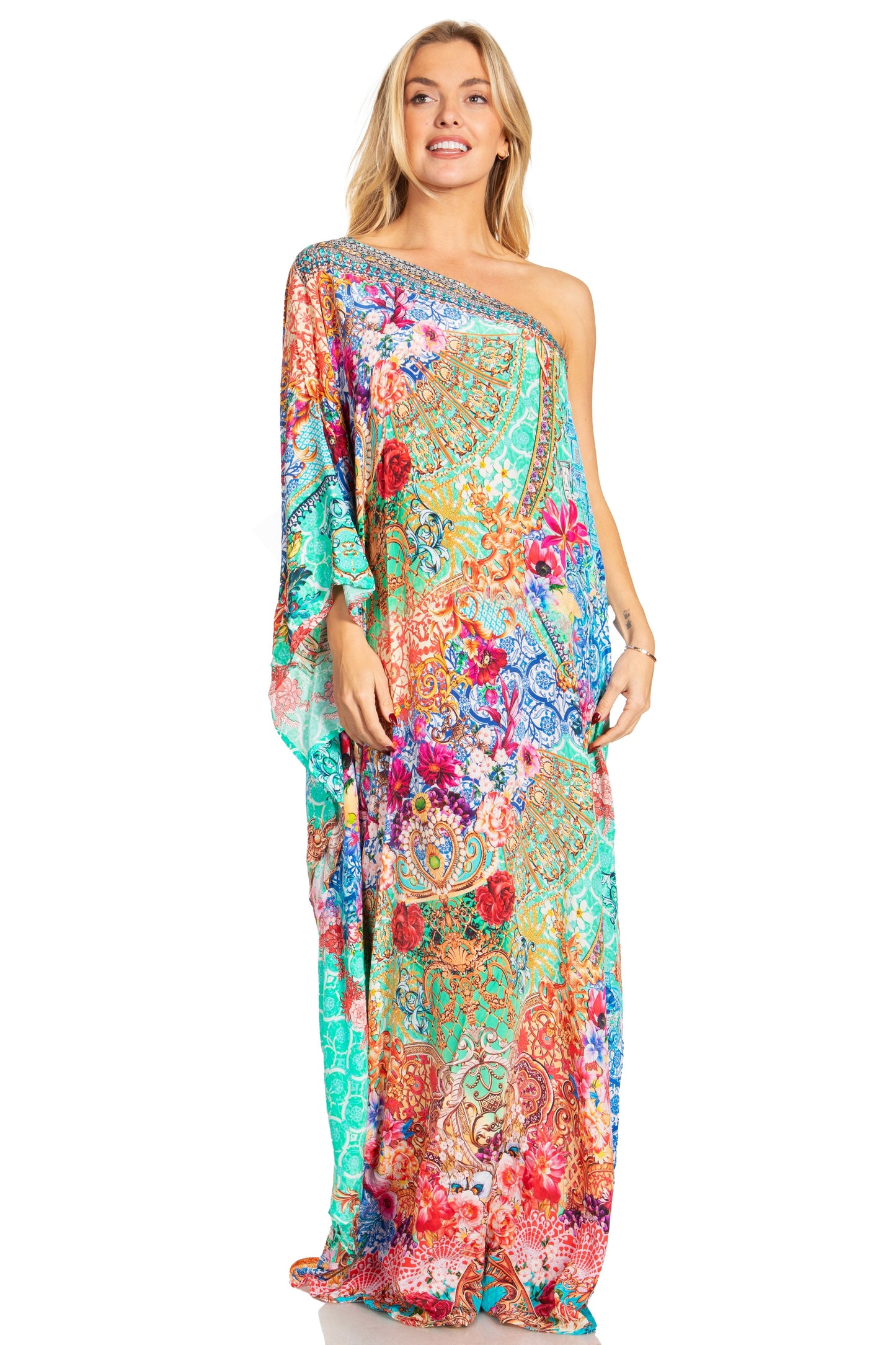 Sakkas Dora Women's One Shoulder Short Sleeve Casual Elegant Maxi Dress with Print - Concordia Style Boutique