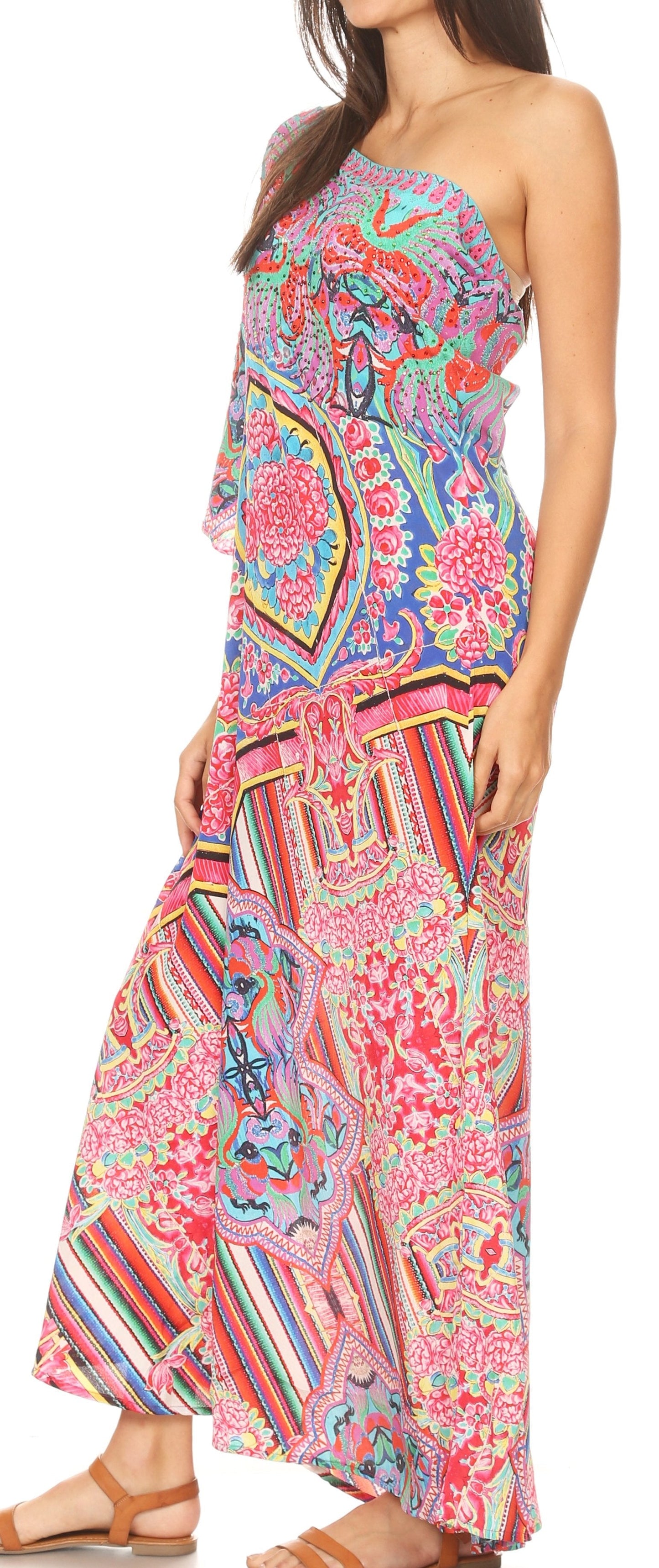 Sakkas Dora Women's One Shoulder Short Sleeve Casual Elegant Maxi Dress with Print - Concordia Style Boutique