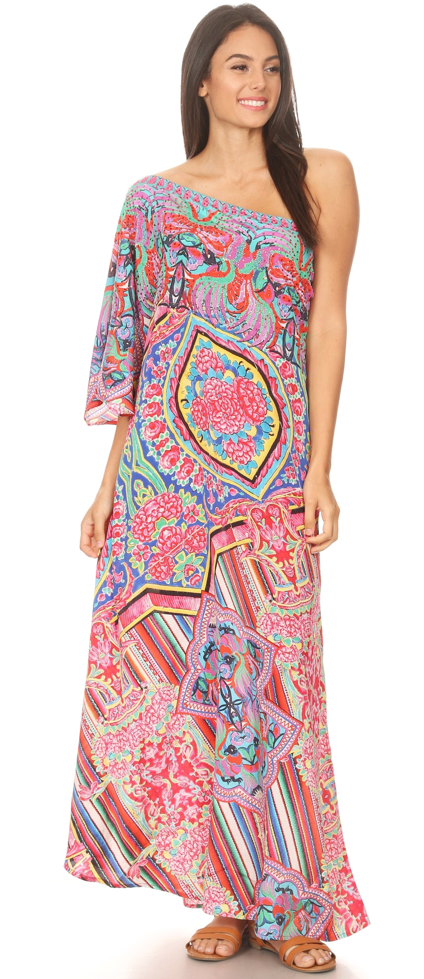 Sakkas Dora Women's One Shoulder Short Sleeve Casual Elegant Maxi Dress with Print - Concordia Style Boutique