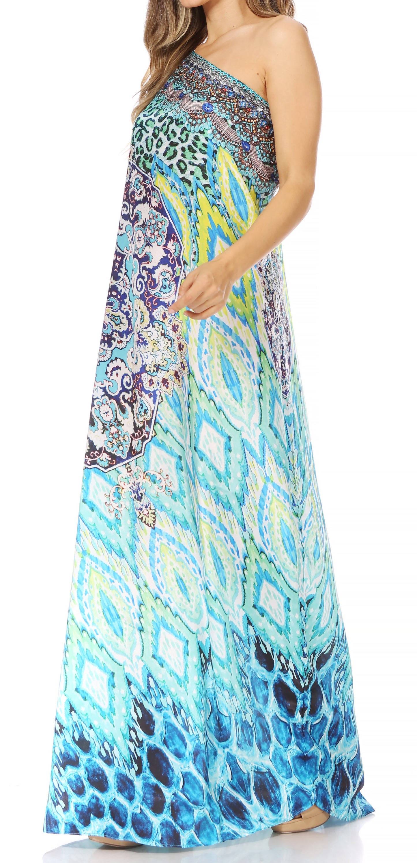 Sakkas Dora Women's One Shoulder Short Sleeve Casual Elegant Maxi Dress with Print - Concordia Style Boutique