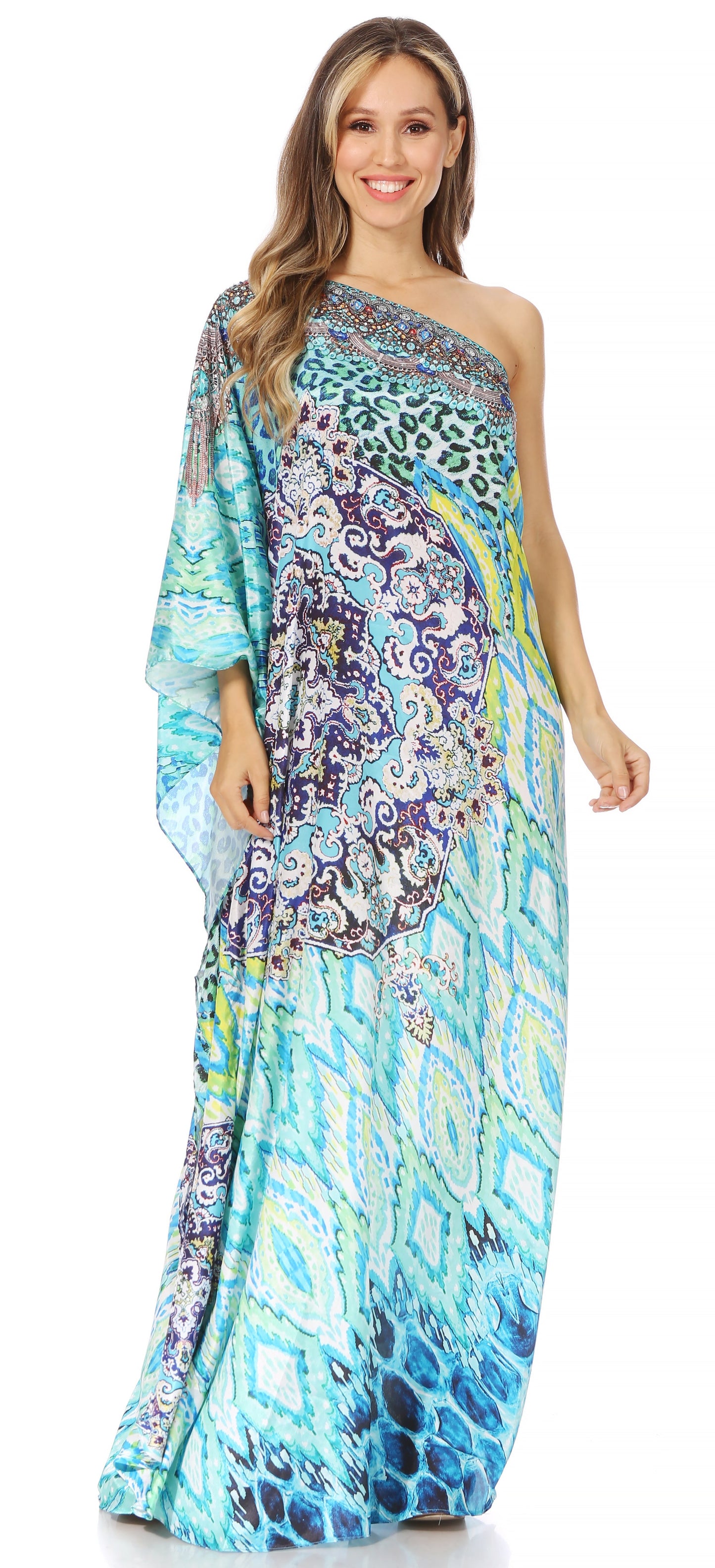 Sakkas Dora Women's One Shoulder Short Sleeve Casual Elegant Maxi Dress with Print - Concordia Style Boutique