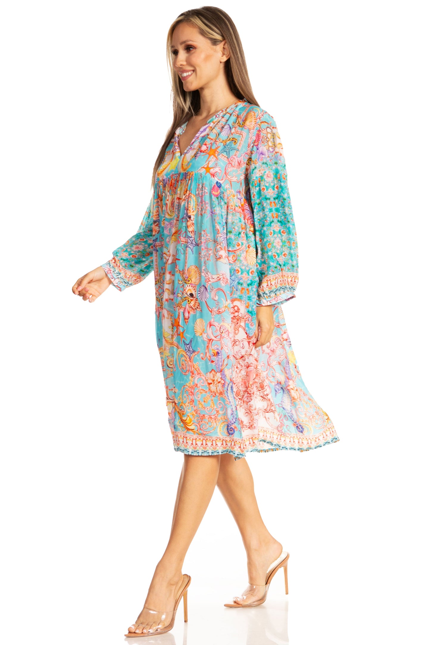 Sakkas Womens 3/4 Puff Sleeves Split Neck Summer Short Flowy Swing Dress/Cover-up - Concordia Style Boutique