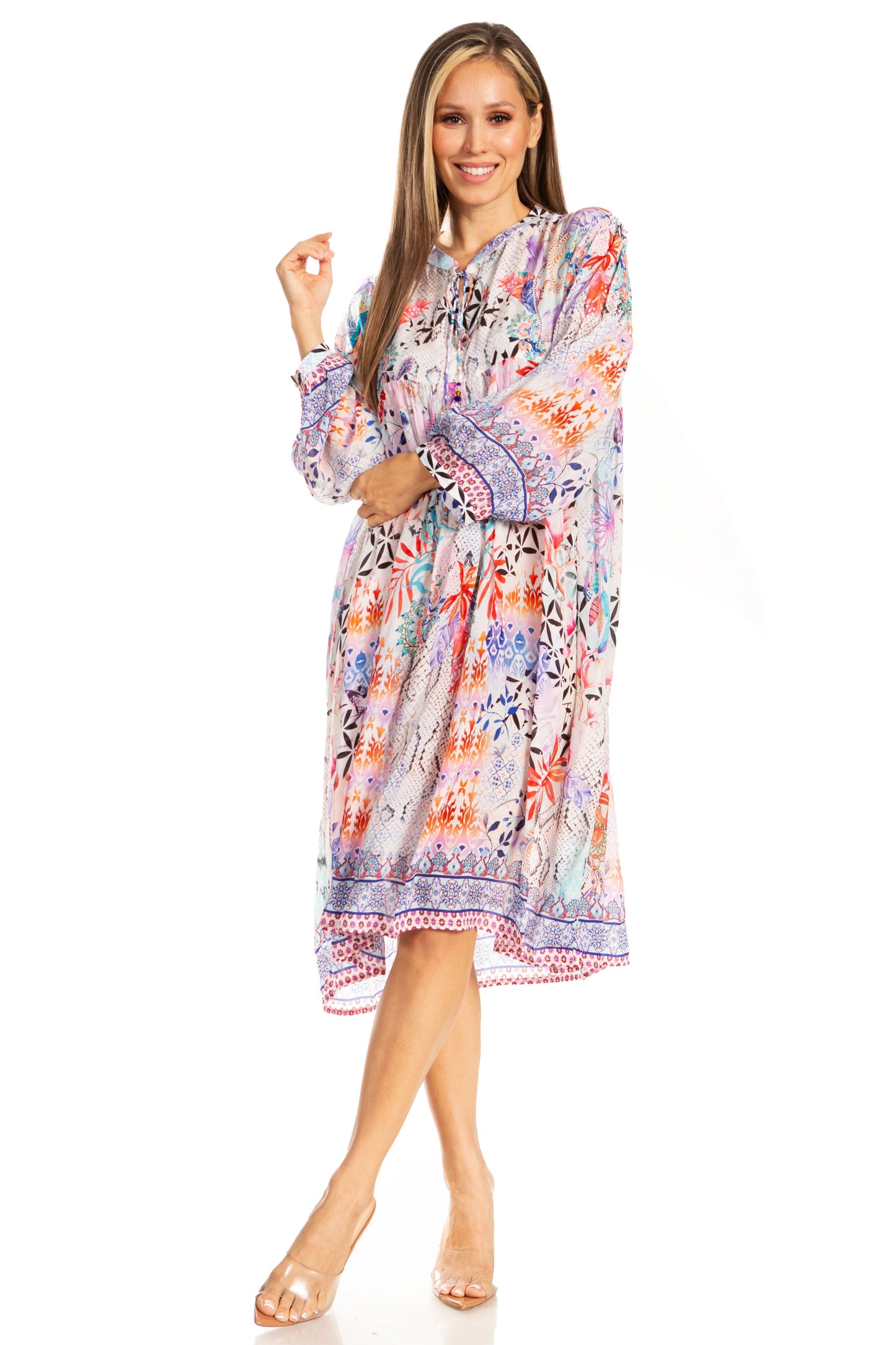 Sakkas Womens 3/4 Puff Sleeves Split Neck Summer Short Flowy Swing Dress/Cover-up - Concordia Style Boutique