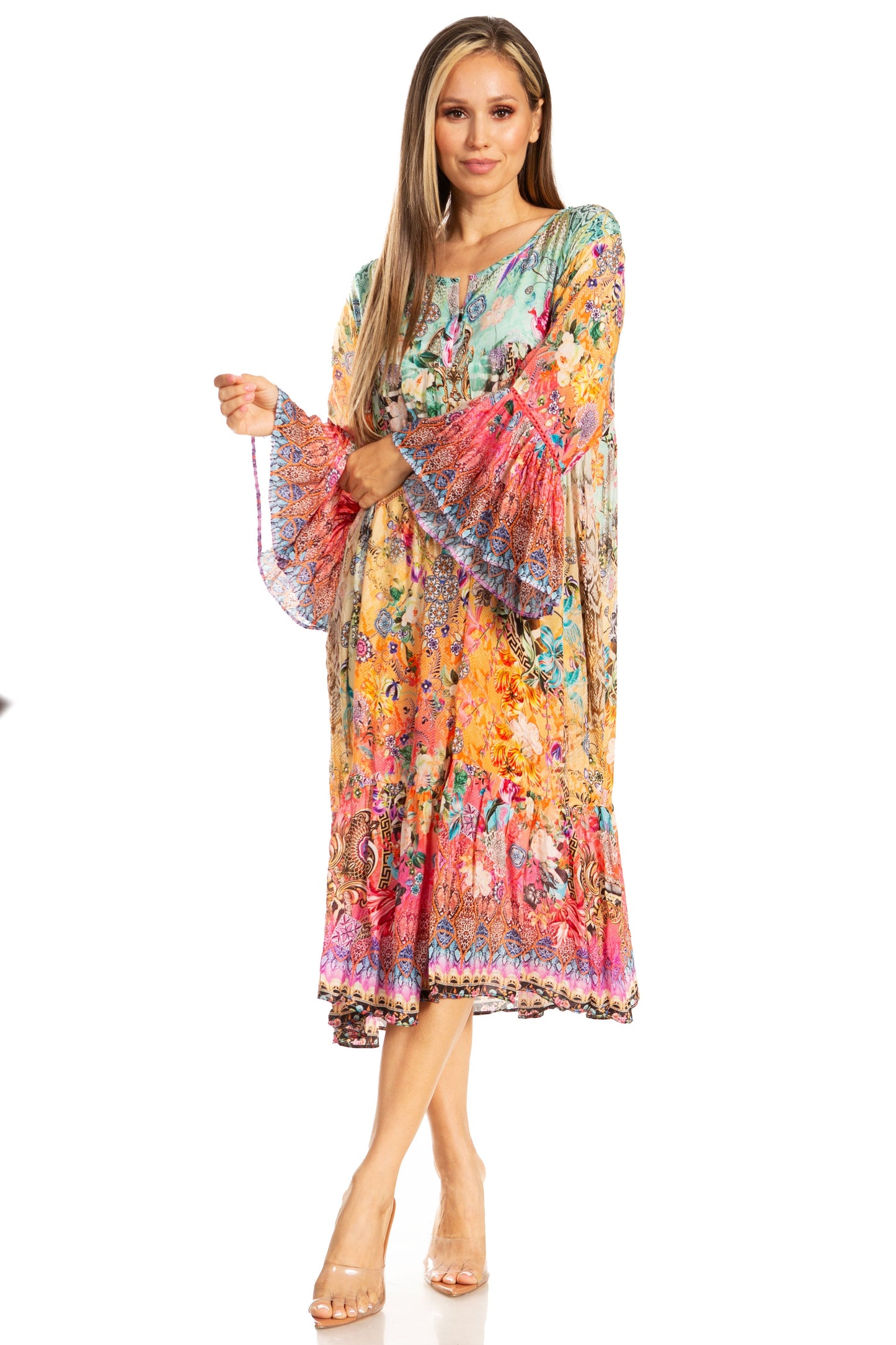 Sakkas Womens 3/4 Ruffled Sleeves Henley Neck Summer Short Flowy Dress/Beachwear - Concordia Style Boutique
