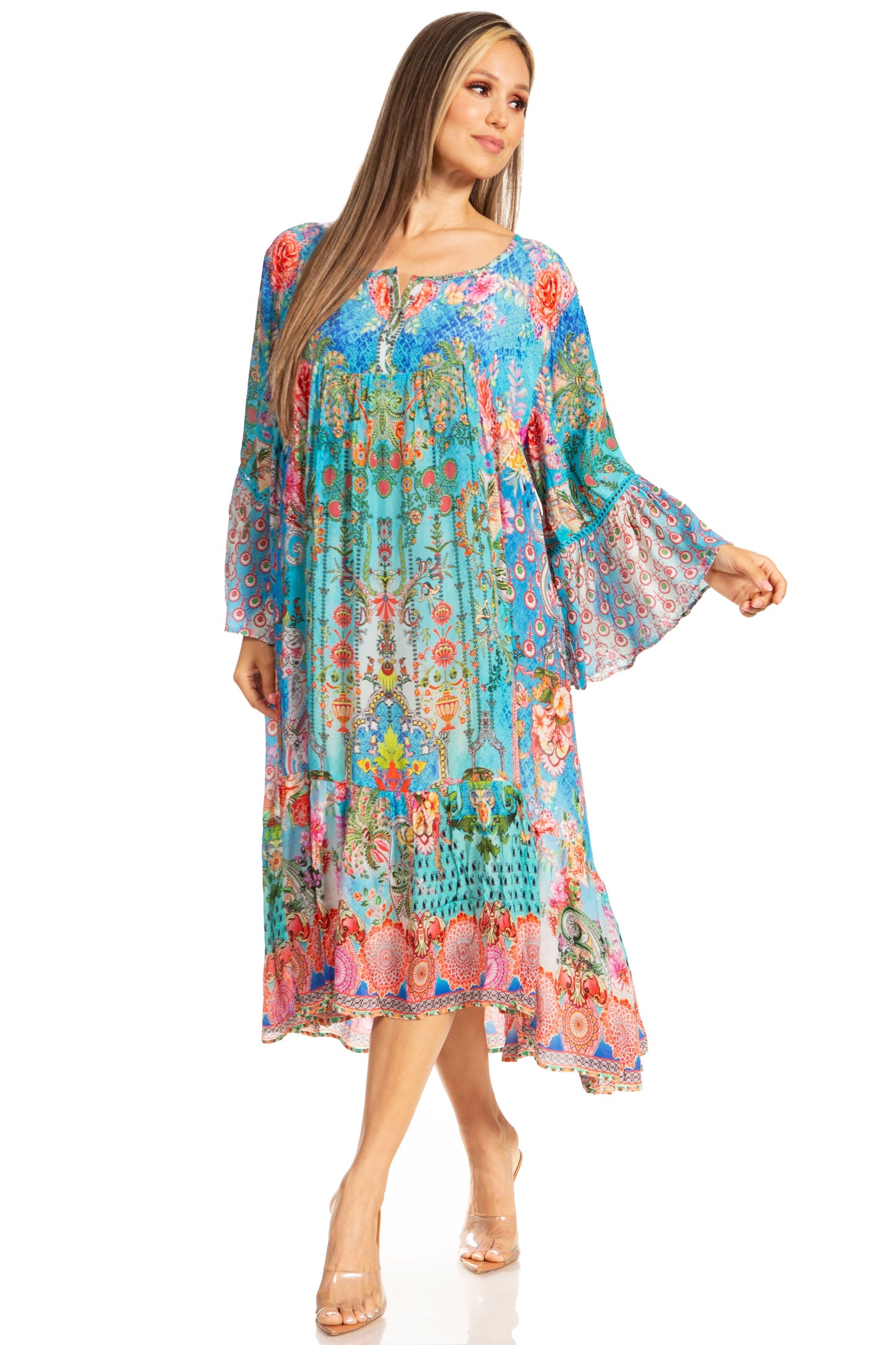 Sakkas Womens 3/4 Ruffled Sleeves Henley Neck Summer Short Flowy Dress/Beachwear - Concordia Style Boutique