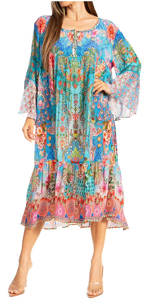 Sakkas Womens 3/4 Ruffled Sleeves Henley Neck Summer Short Flowy Dress/Beachwear - Concordia Style Boutique