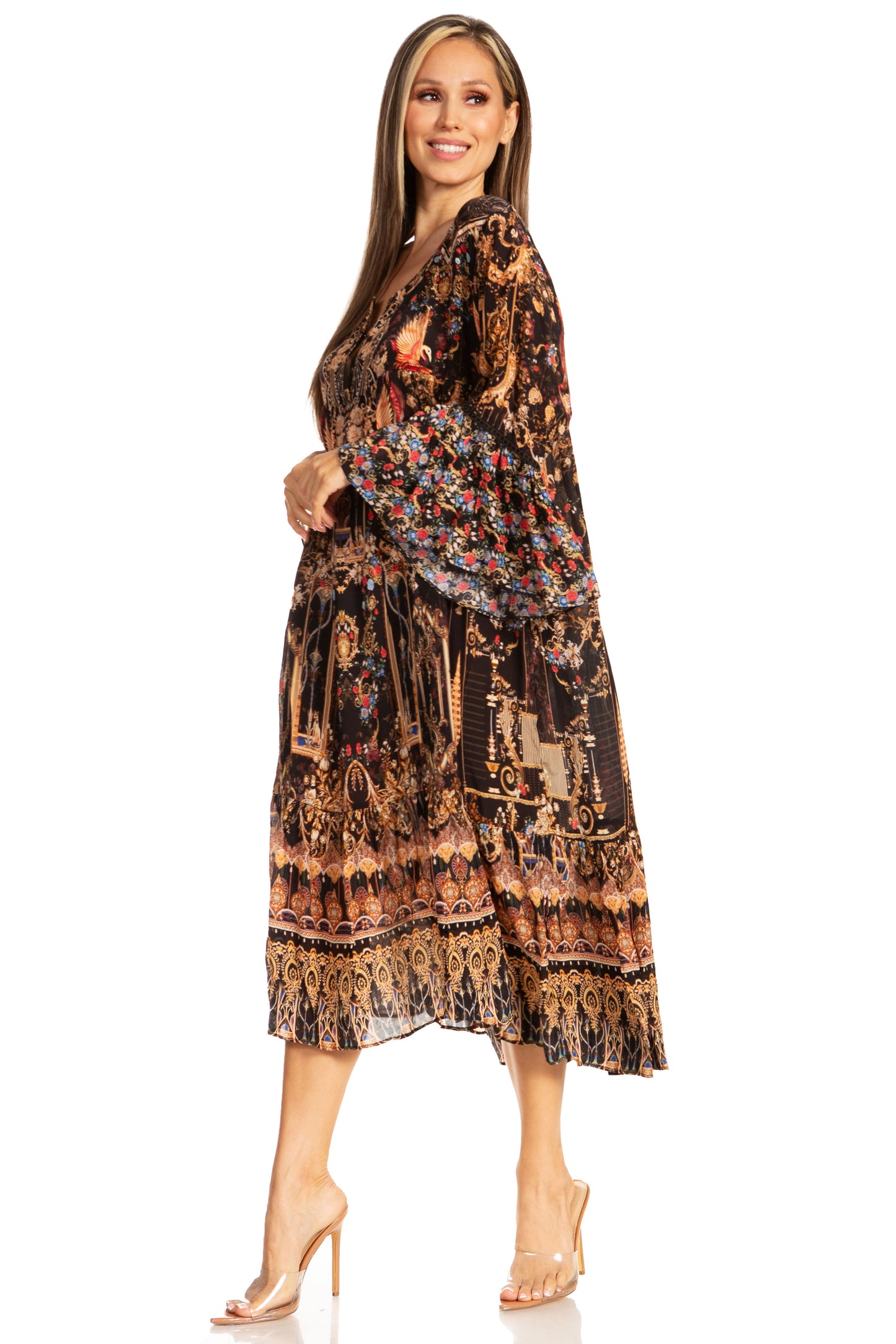 Sakkas Womens 3/4 Ruffled Sleeves Henley Neck Summer Short Flowy Dress/Beachwear - Concordia Style Boutique