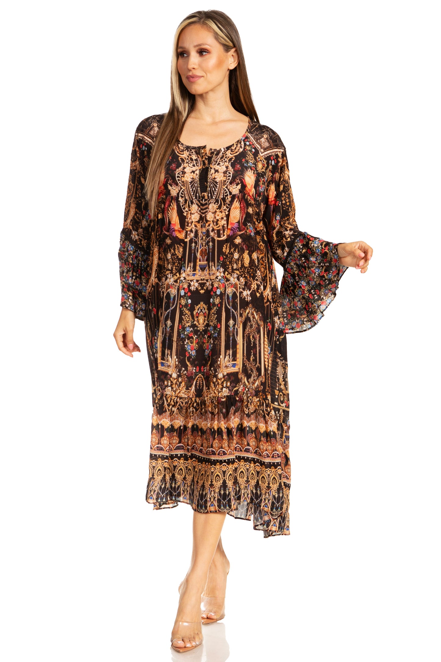 Sakkas Womens 3/4 Ruffled Sleeves Henley Neck Summer Short Flowy Dress/Beachwear - Concordia Style Boutique