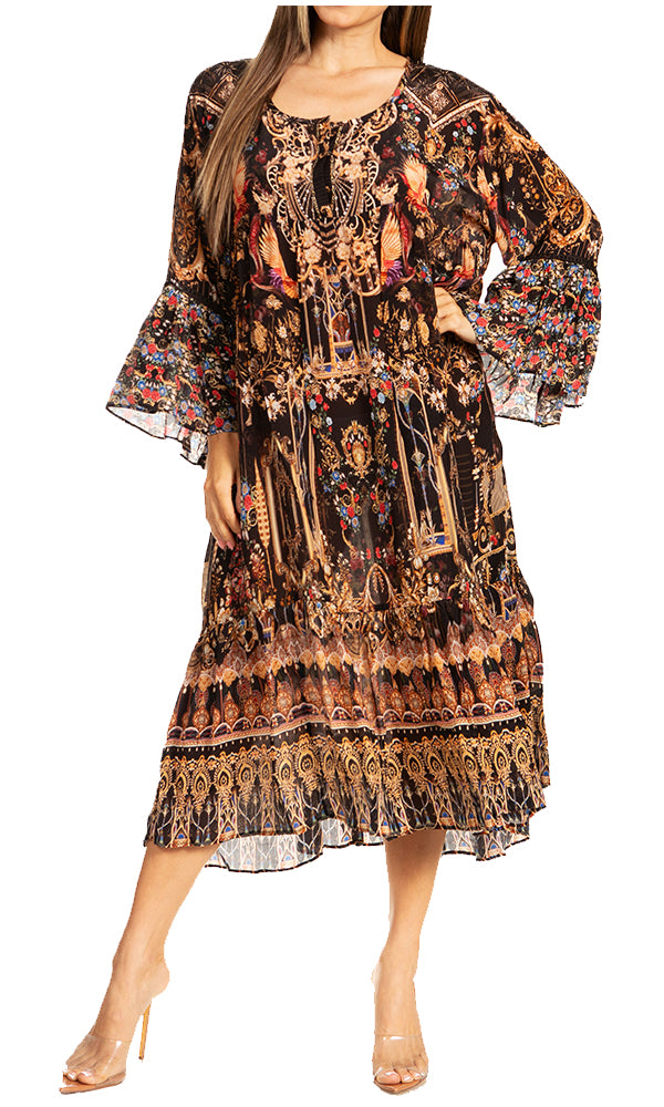 Sakkas Womens 3/4 Ruffled Sleeves Henley Neck Summer Short Flowy Dress/Beachwear - Concordia Style Boutique