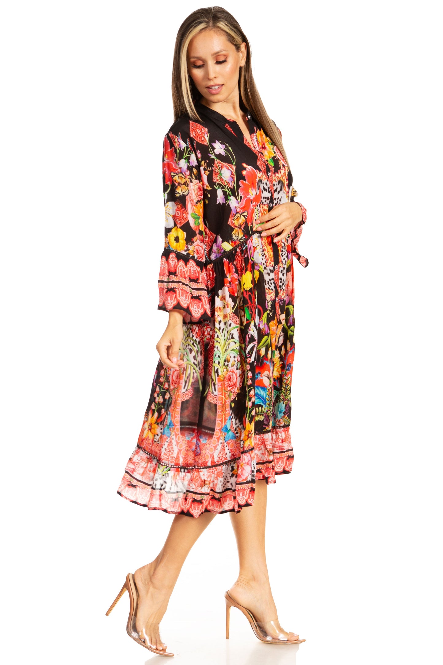 Sakkas Womens 3/4 Sleeves Button Down Spring/Summer Short Shirt Dress/Cover-up - Concordia Style Boutique