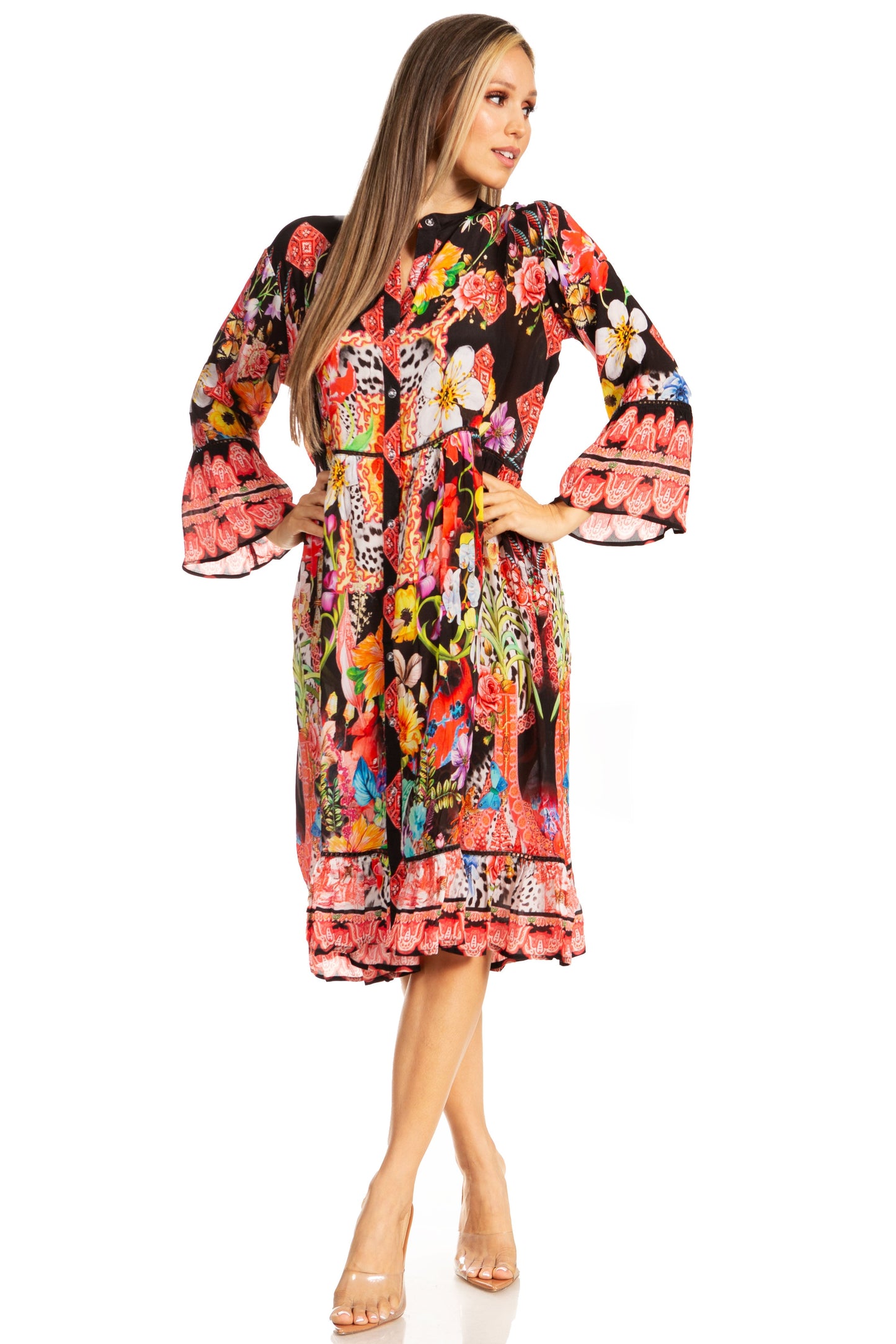Sakkas Womens 3/4 Sleeves Button Down Spring/Summer Short Shirt Dress/Cover-up - Concordia Style Boutique