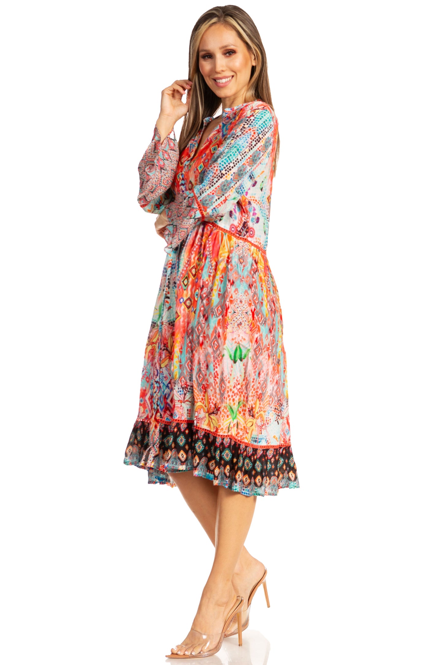 Sakkas Womens 3/4 Sleeves Button Down Spring/Summer Short Shirt Dress/Cover-up - Concordia Style Boutique