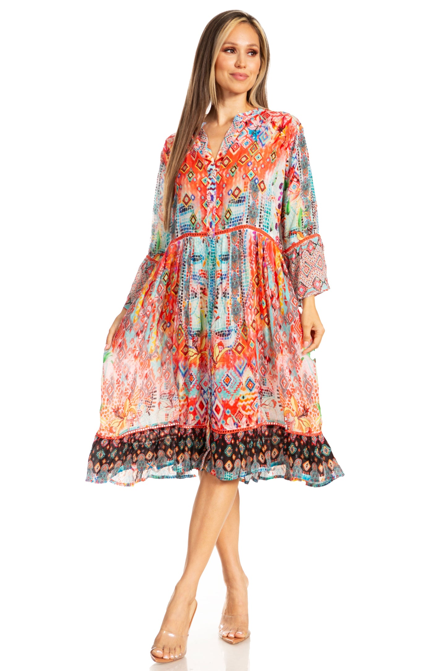 Sakkas Womens 3/4 Sleeves Button Down Spring/Summer Short Shirt Dress/Cover-up - Concordia Style Boutique