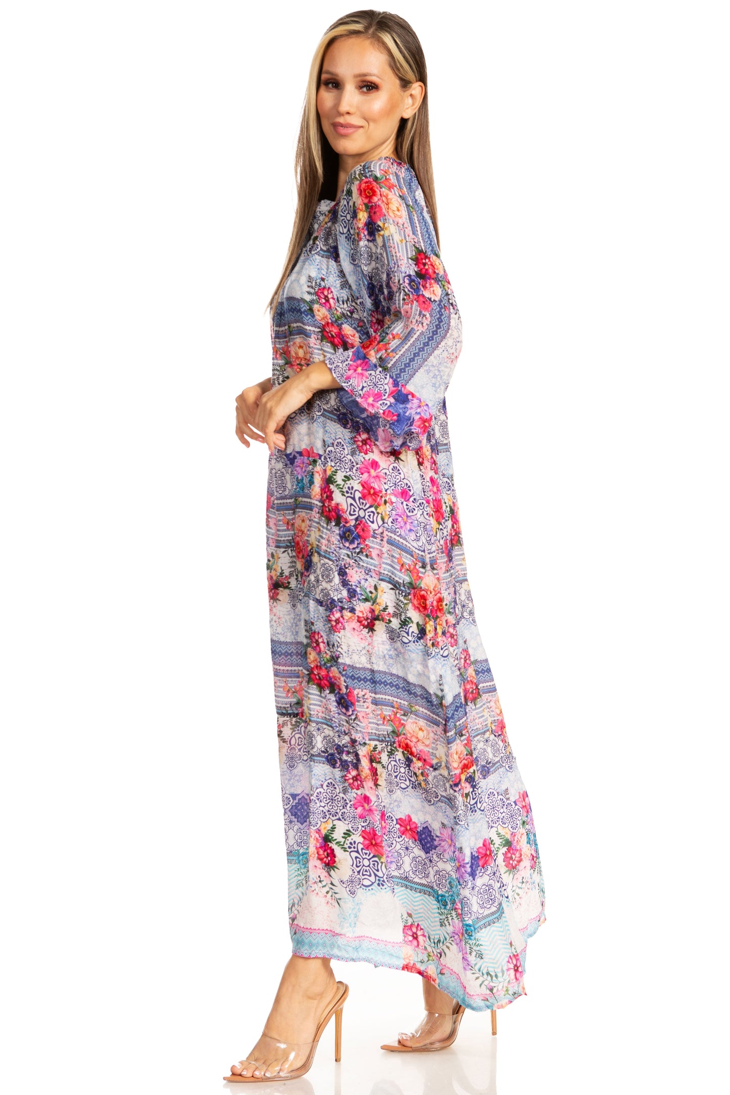 Sakkas Womens Henley Neck Elbow Sleeves Long A-Line Summer dress with pockets - Concordia Style Boutique