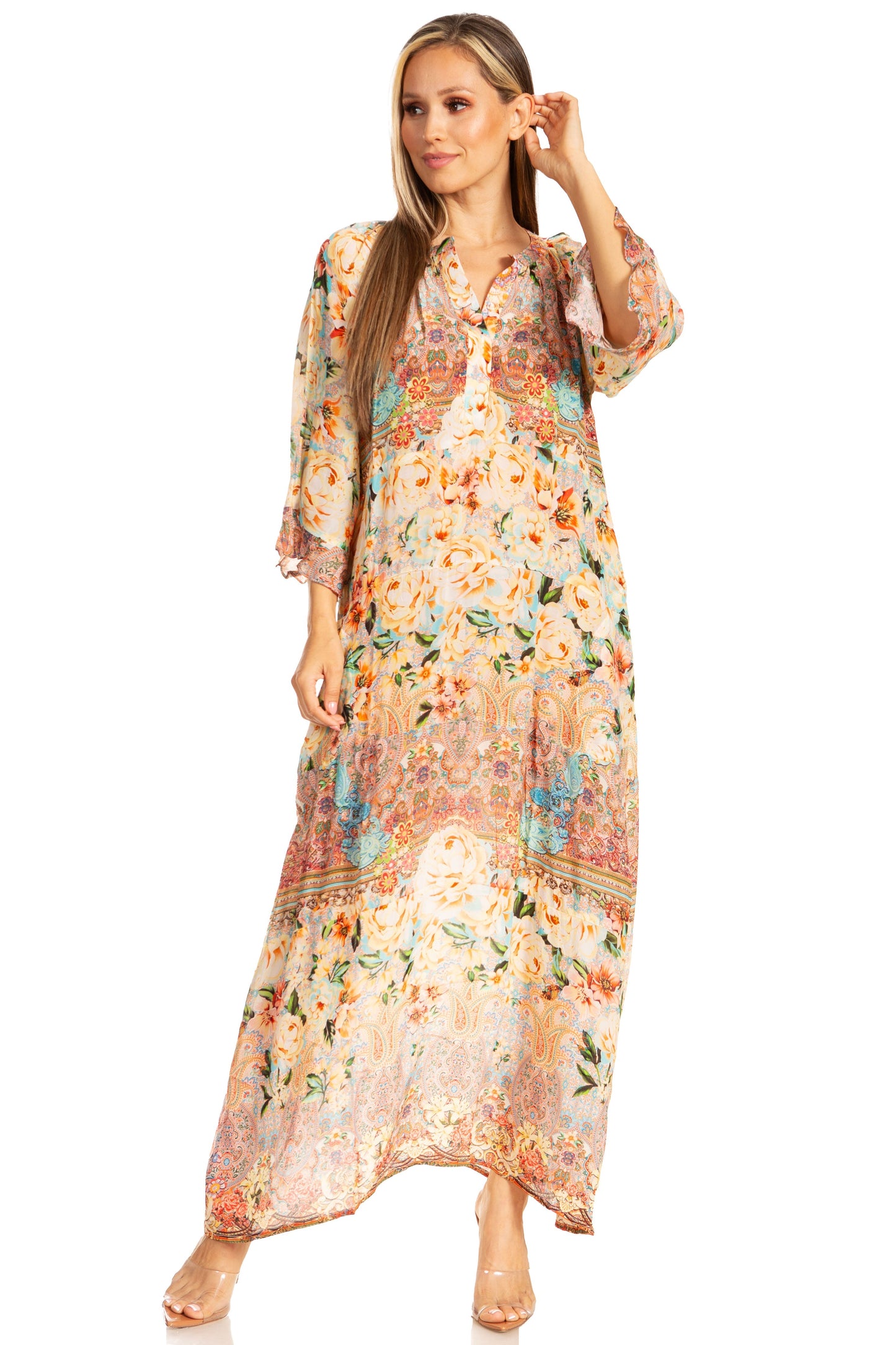 Sakkas Womens Henley Neck Elbow Sleeves Long A-Line Summer dress with pockets - Concordia Style Boutique