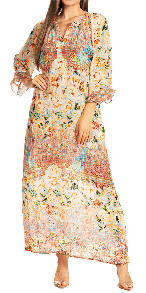 Sakkas Womens Henley Neck Elbow Sleeves Long A-Line Summer dress with pockets - Concordia Style Boutique