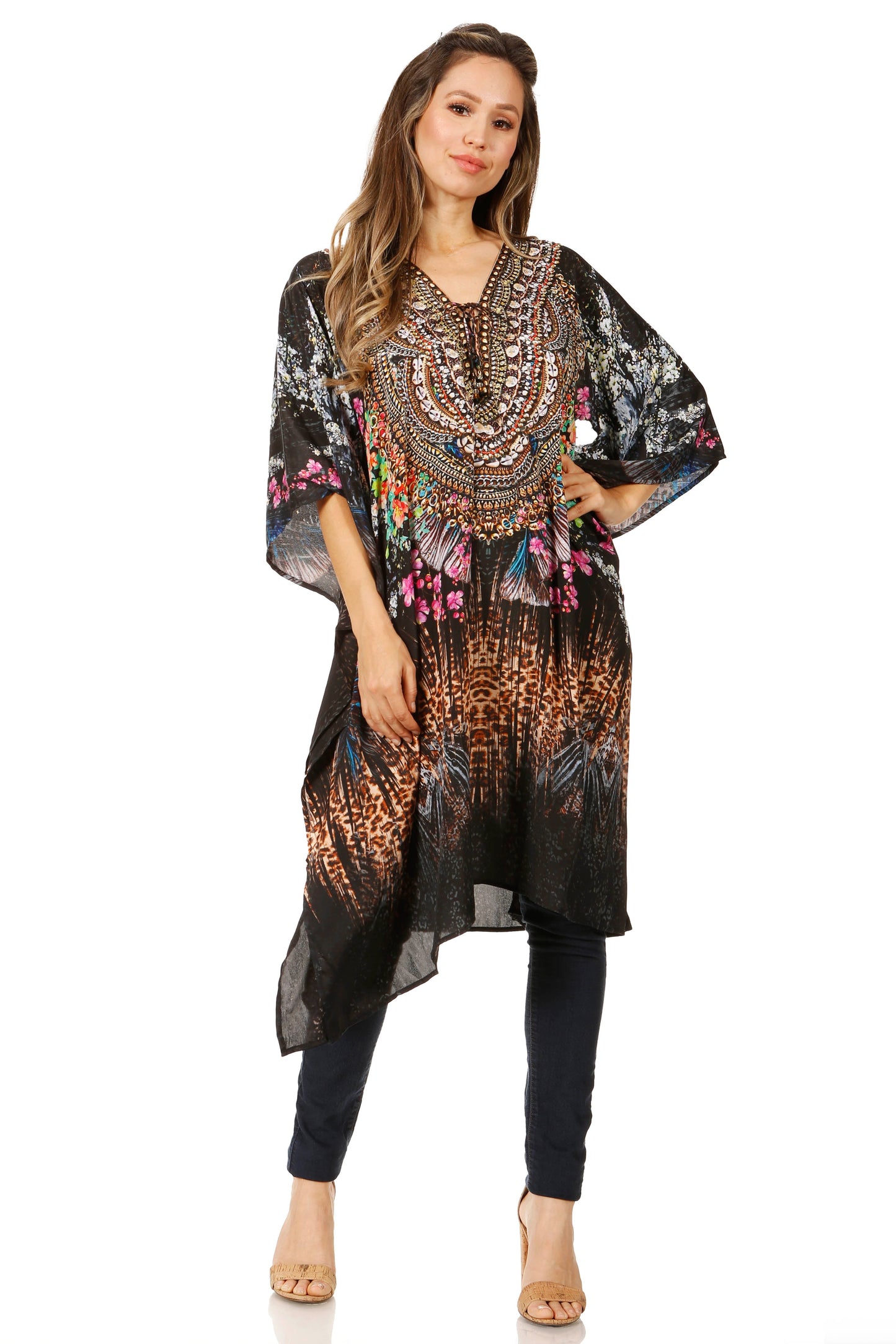 Sakkas Zeni Women's Short sleeve V-neck Summer Floral Print Caftan Dress Cover-up - Concordia Style Boutique