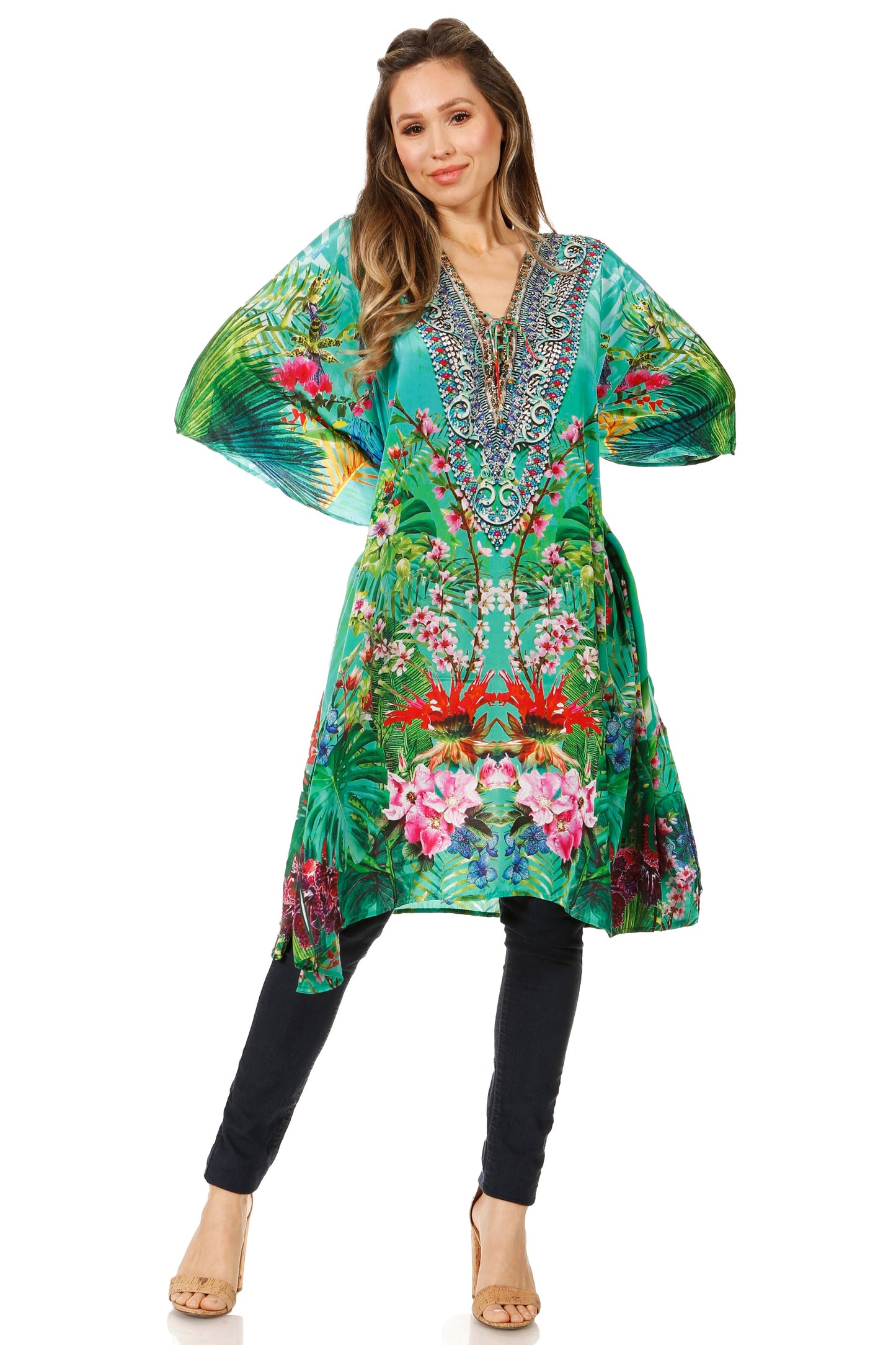 Sakkas Zeni Women's Short sleeve V-neck Summer Floral Print Caftan Dress Cover-up - Concordia Style Boutique