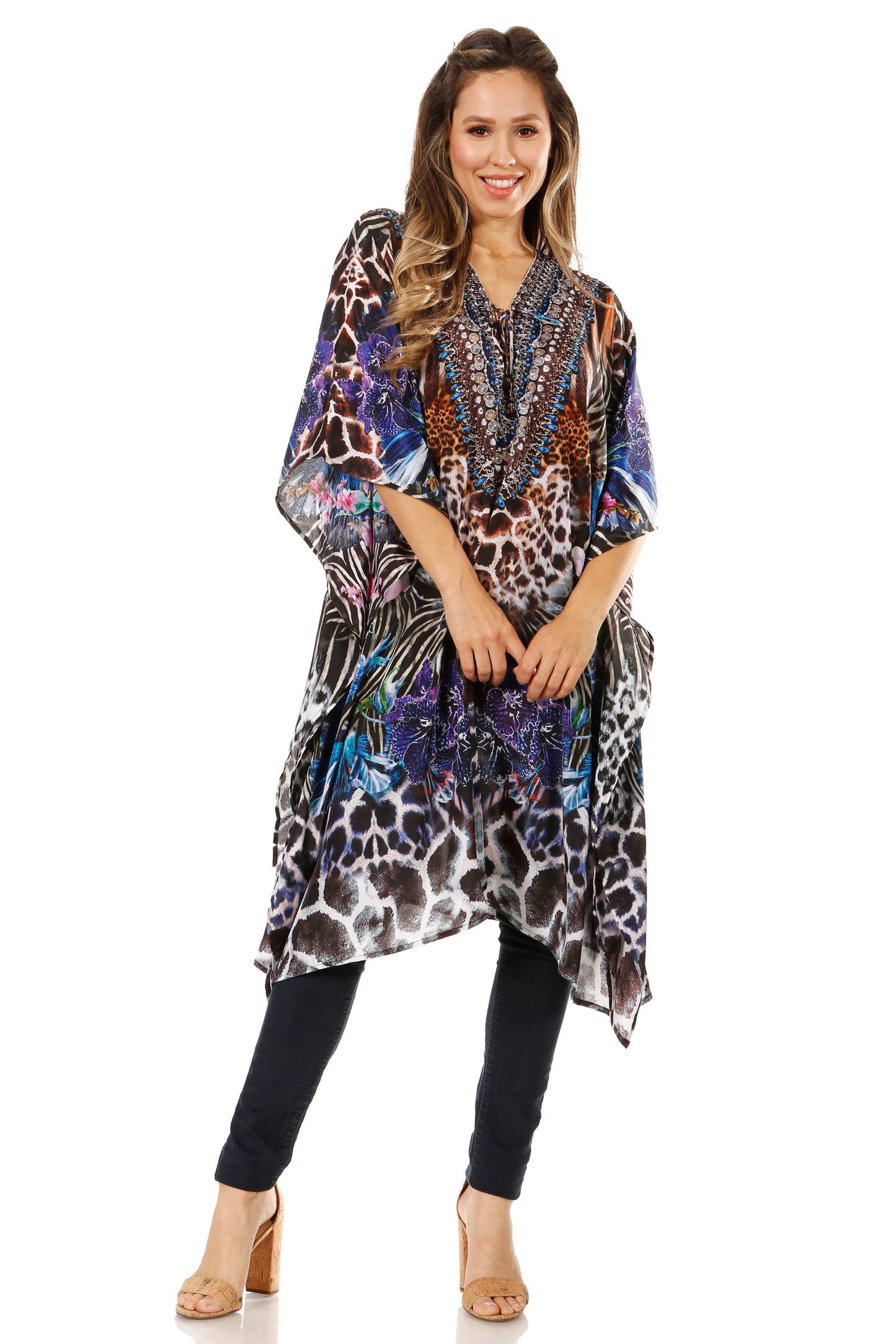 Sakkas Zeni Women's Short sleeve V-neck Summer Floral Print Caftan Dress Cover-up - Concordia Style Boutique