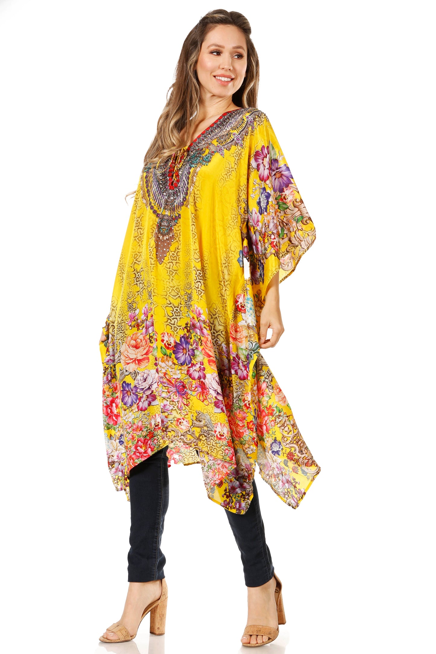Sakkas Zeni Women's Short sleeve V-neck Summer Floral Print Caftan Dress Cover-up - Concordia Style Boutique